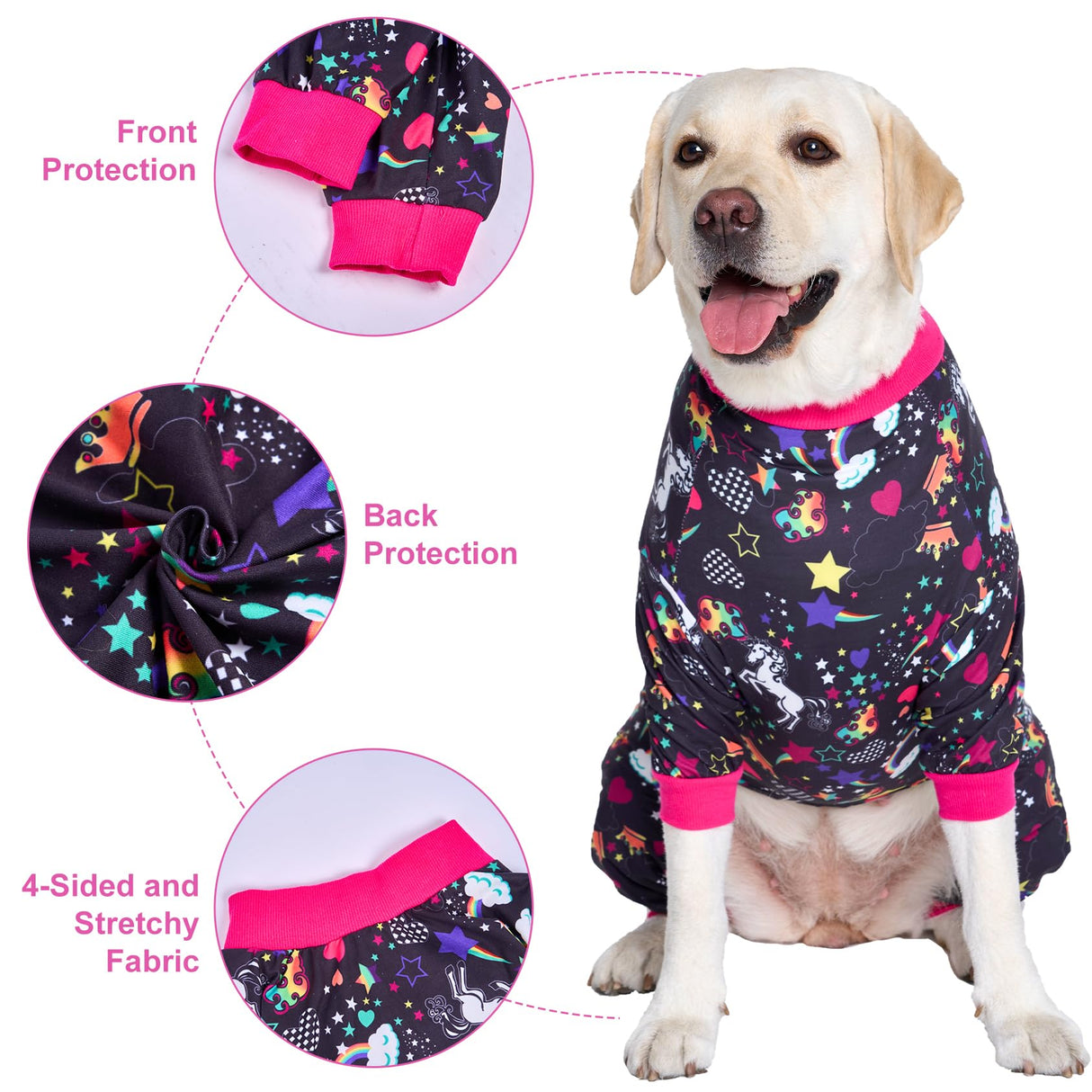 LovinPet Large Dog Pajamas Pitbull PJS: Wound Care/Post Surgery Dog Clothes, Onesies for Dogs, Unicorn Rainbows Black Print, Lightweight Stretchy Knit Pullover Pitbull Jammies, Pet PJ's/L