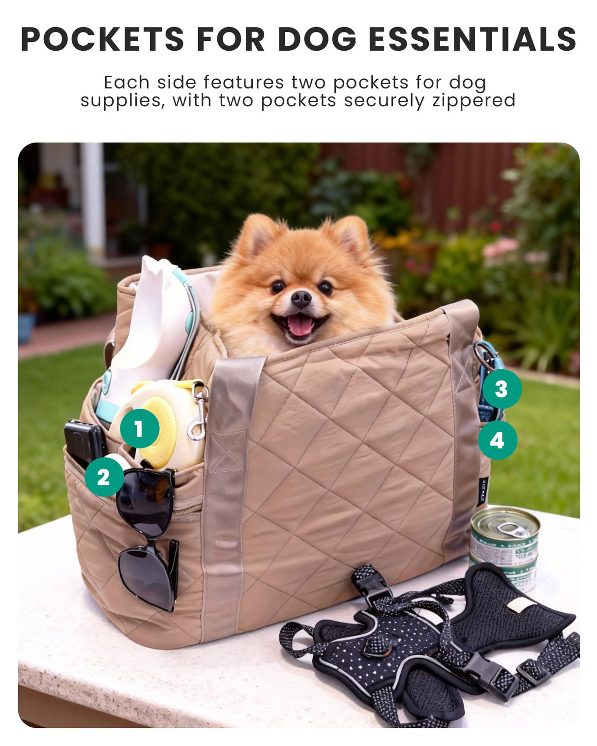 Lightweight Dog Purse Carrier for Small Dogs up to 15 lbs, Dog Tote Bag Puppy Carrier, Soft Plush Interior, Safety Leash Clip, 4 Side Pockets Dog Carrier Bag for Travel & Walking, Camel
