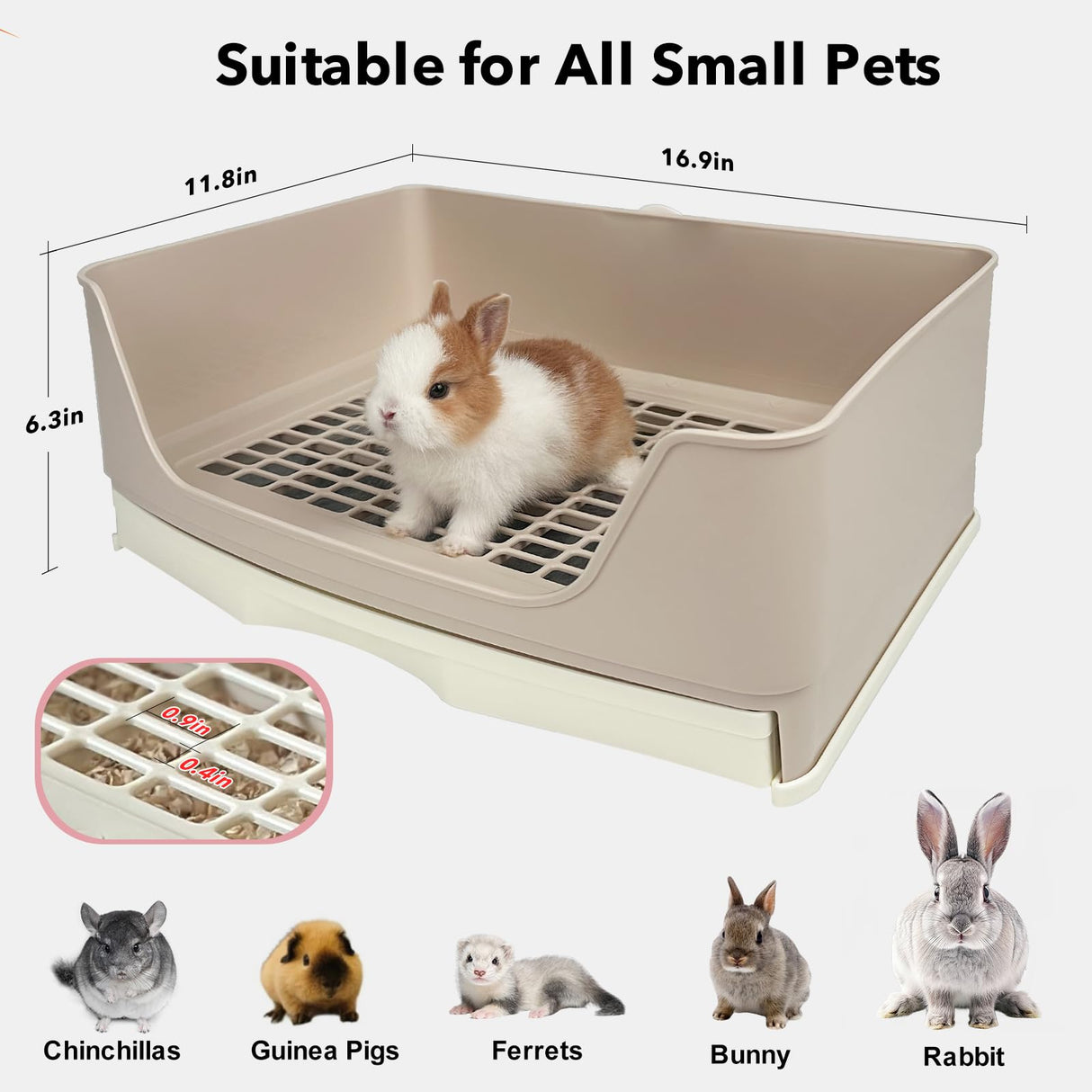 RUBYHOME Oversize Rabbit Litter Box with Drawer, Corner Toilet Box with Grate Potty Trainer, Bigger Pet Pan for Adult Guinea Pigs, Chinchilla, Ferret, Galesaur, Small Animals, 16.9 inch Long (White)