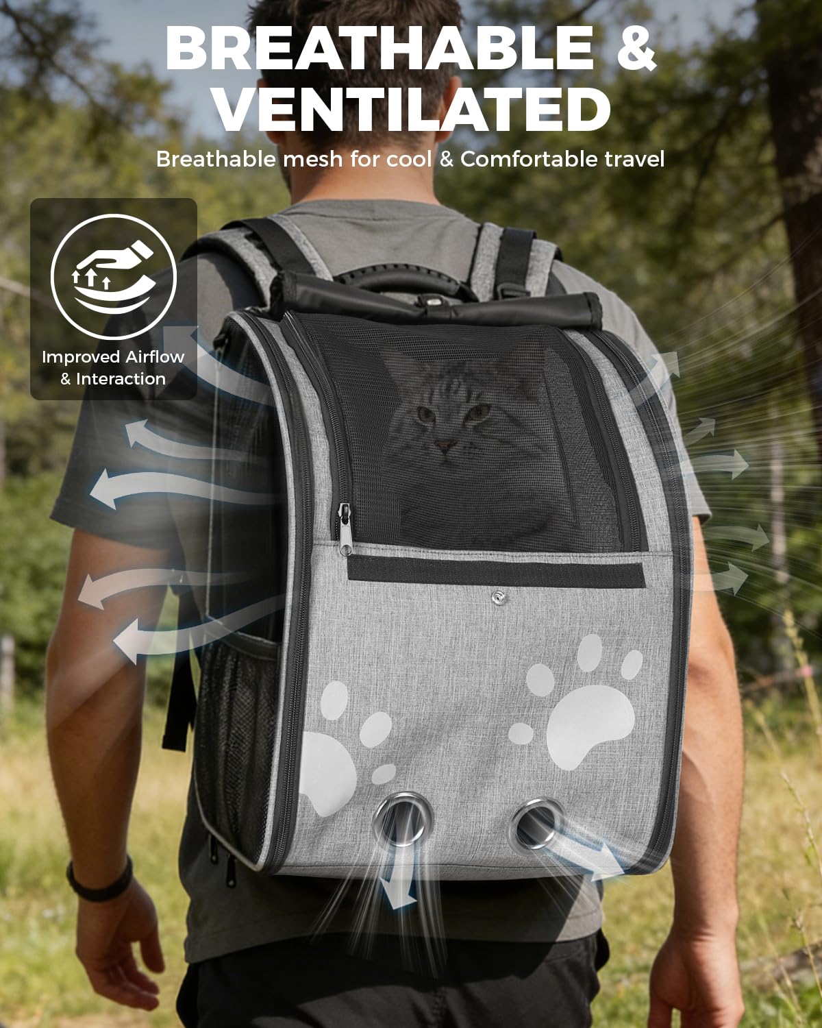 MOYSOON Cat Carrier Backpacks for Kitty Small Dog up to 15 lbs, Lightweight and Foldable Dog Backpack Carrier with Breathable mesh for Travel, Walking, Hiking, Camping and Vet (Grey)
