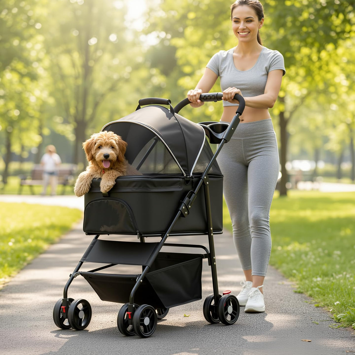 3-in-1 Pet Stroller for Small/Medium Dogs Cats,4 Wheels,Detachable Carrier Basket,Breathable Mesh,Storage Basket,Cup Holder,Weather Cover,Black,44 lbs Capacity