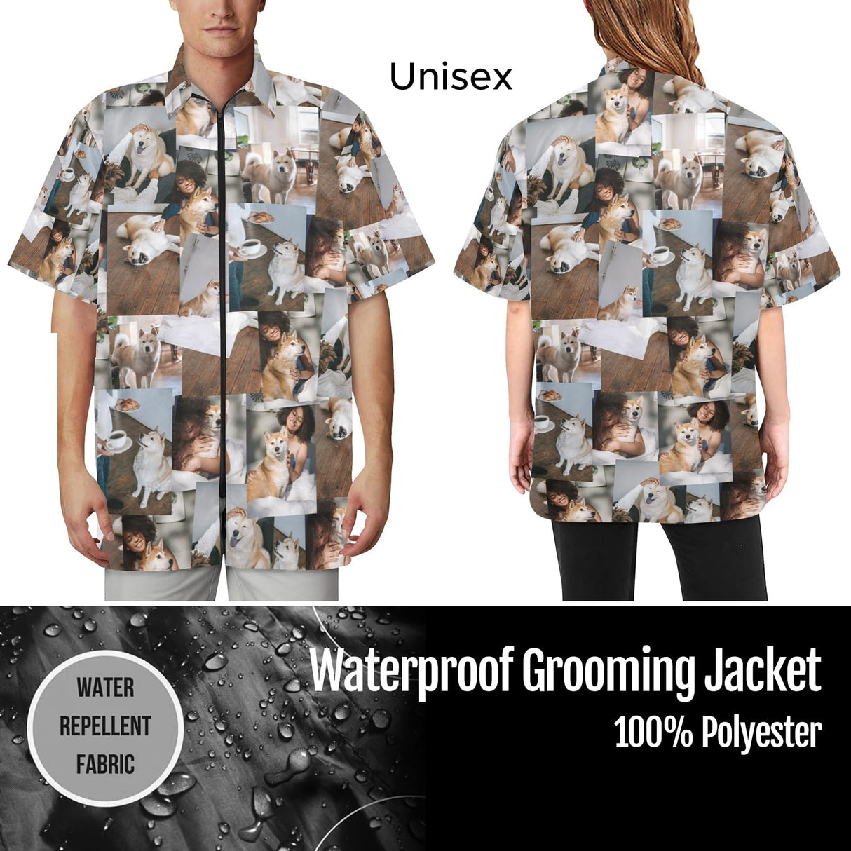 Ussunarts Custom Dog Print Grooming Smock for Pet Groomers β Waterproof Zip Jacket Uniform for Dog Salon Use or Pet Lovers