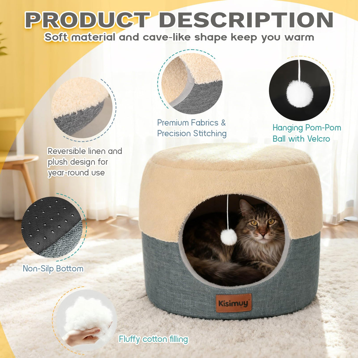 Cat Cave Bed for Indoor Cats, 2-in-1 Convertible Cat House & Lounge with Reversible Plush Cushion – Calming Anti-Anxiety Anti-Slip Pet Bed for Small Dogs & Kittens, Cozy Hideaway Tent, 19.7 inches