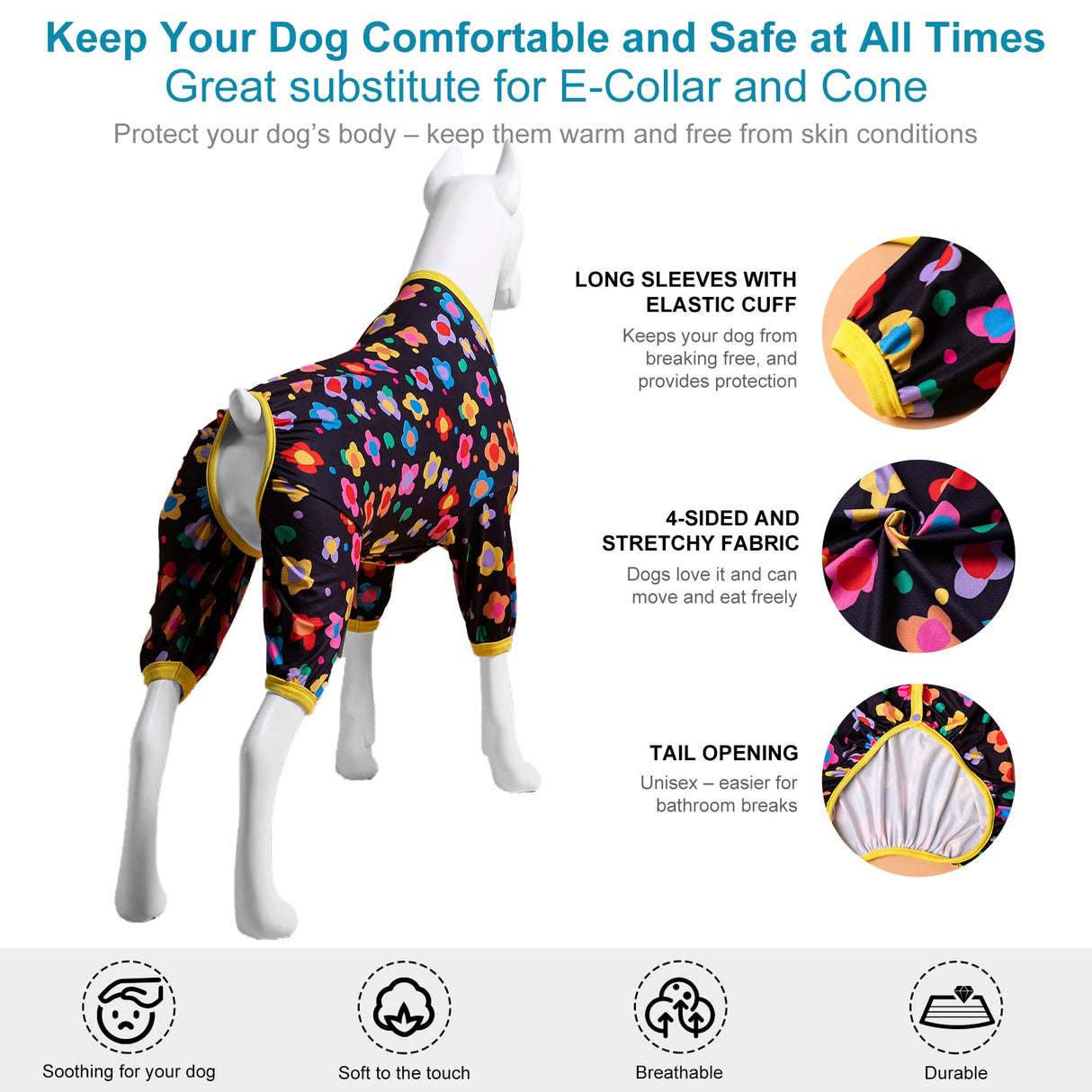 LovinPet Clothes for Labrador Pajama, Anxiety Calming Shirt,Anti Licking Dog Pajamas, Lightweight Fabric, Vintage Happy 2 Quilted Multi Print, Large Dog Pjs, Pitbull Clothes, Black Yellow M