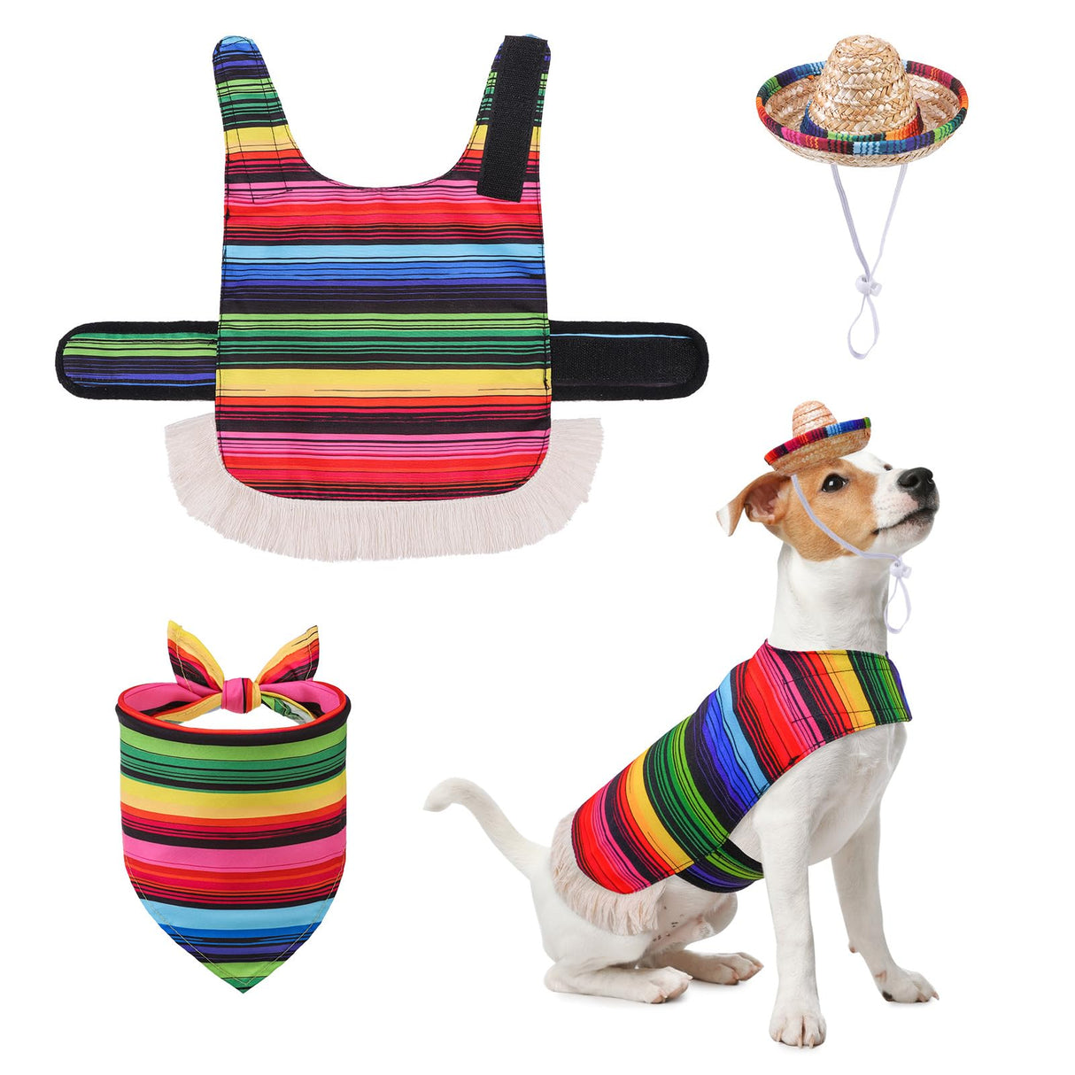 SCENEREAL Mexican Serape Dog Costume, Dog Sombrero Hat Pet Bandana Poncho Costume, Stitch Funny Dogs Colthes with Cowboy Hat for Small Medium Dogs, Chihuahua Clothes for Halloween Party Decorations