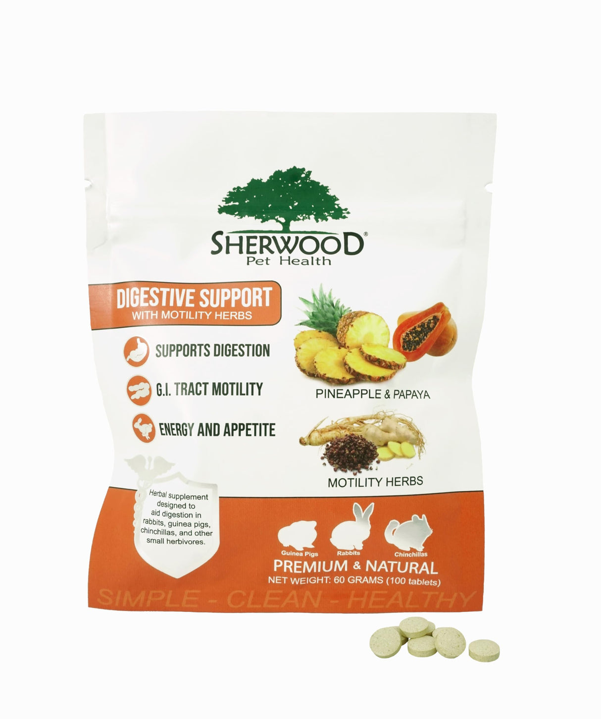 Digestive Support, Papaya by Sherwood Pet Health (100 Tablets - 60 Grams). Contains Natural Motility Herbs That Regulate The Digestive Tract, Improve The Gut microbiome and Stimulate The Appetite.