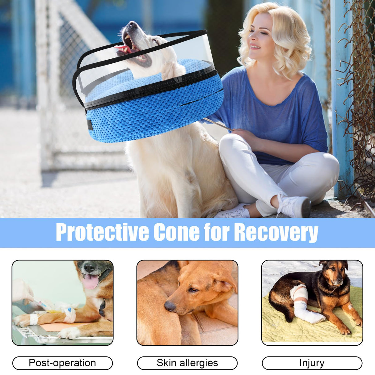 2-in-1 Soft Inflatable Dog Cone Collar Alternative with Enhanced Anti-Licking Guard Shield, Dog Donut Collar After Surgery, Adjustable Cones for Large Medium Small Dogs and Cats (Blue,L)