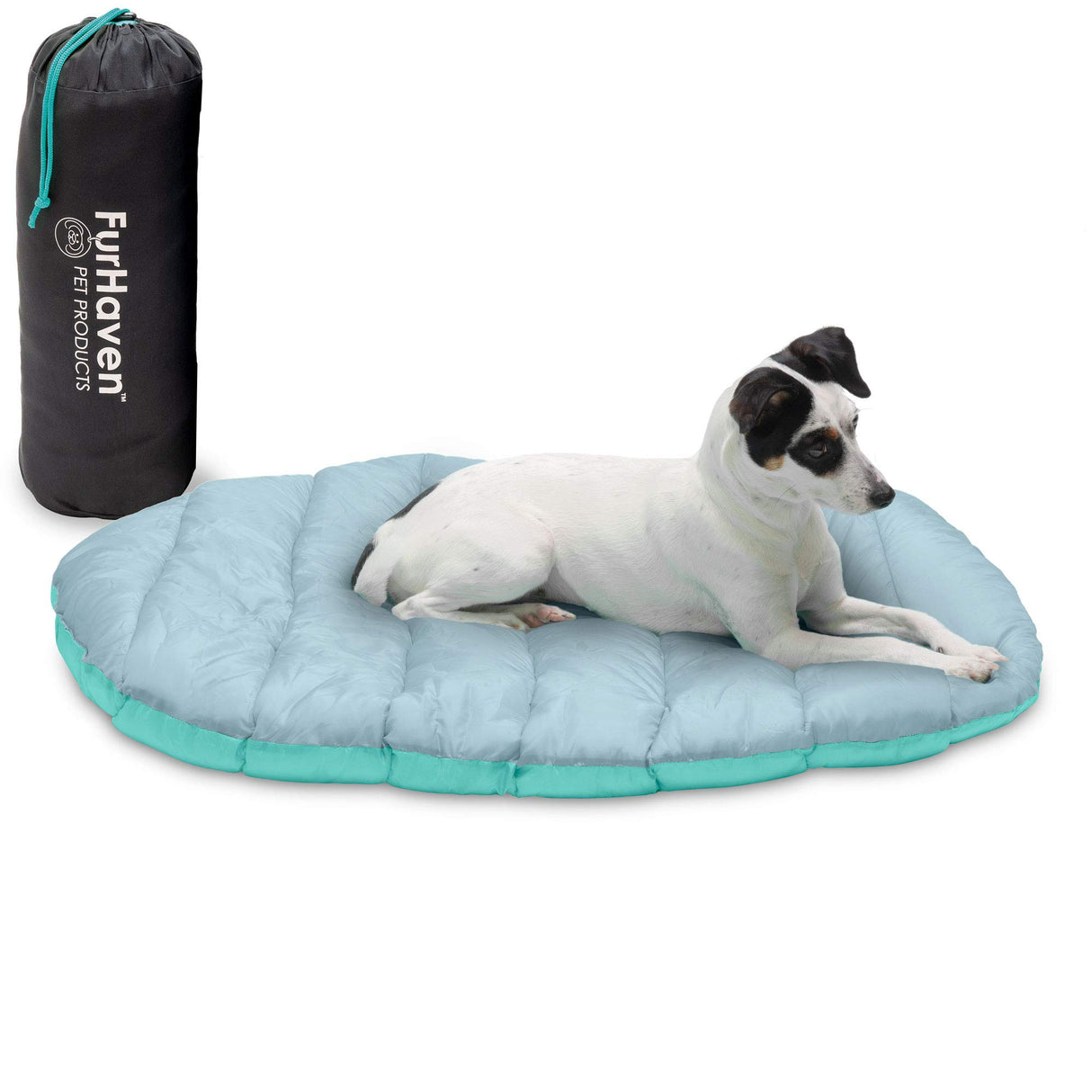 Furhaven Outdoor Travel Dog Bed for Small Dogs w/ Carry Bag, Washable & Foldable, Great for Crates & Kennels - Trail Pup Travel Pillow Mat w/ Stuff Sack Bag - Aqua/Granite Gray, Small