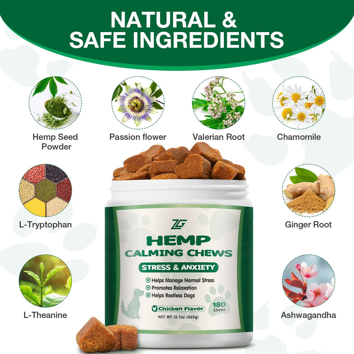 ziehooGe Calming Chews for Dogs - Dog Calming Treats Helps with Dog Anxiеty Rеlief, Separation, Strеss, Barking, Fireworks, Travel, Composure - Natural Dog Supplements 180 Soft Chews