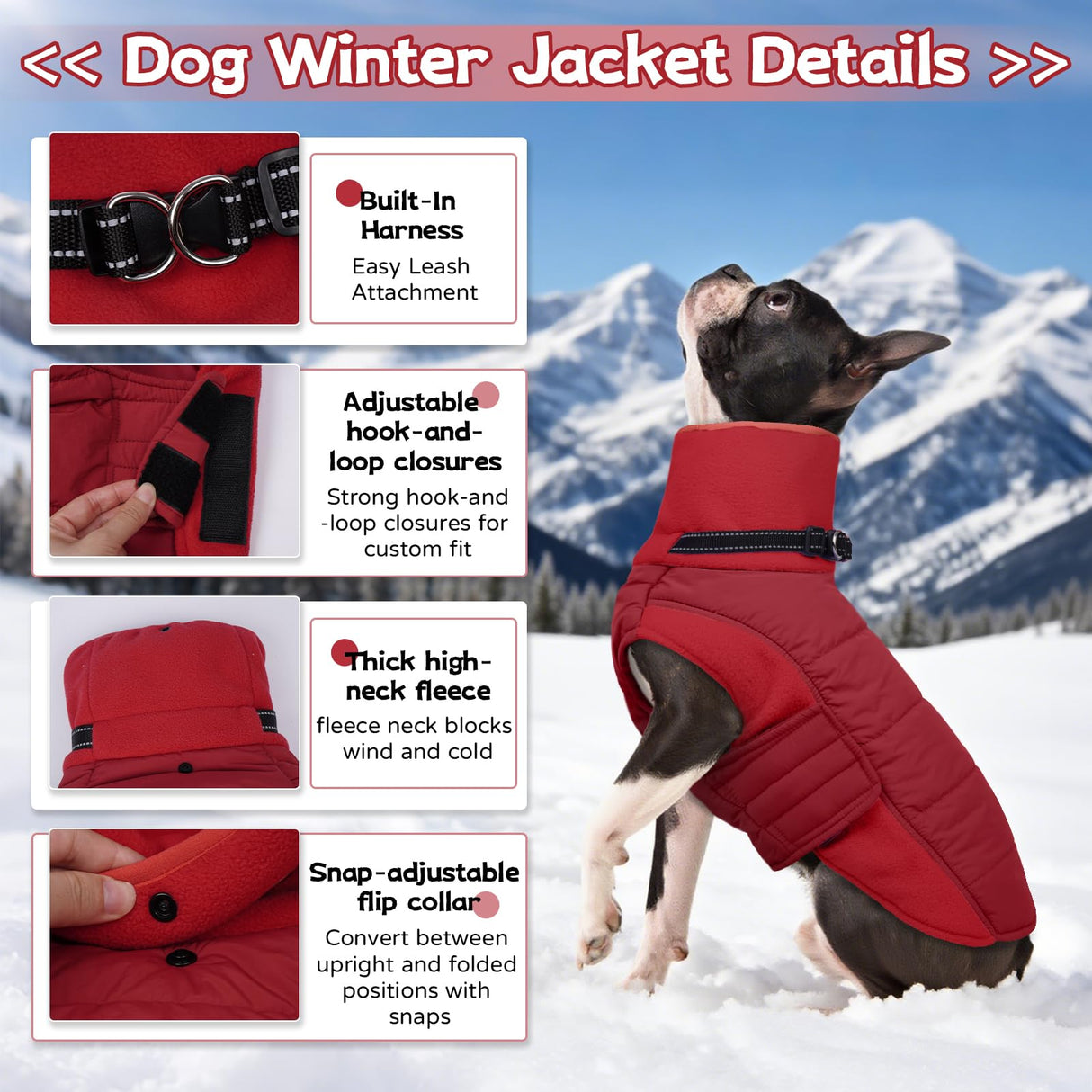 BRKURLEG Dog Winter Coat with Harness Built in, Warm Jacket for Small Medium and Large Dogs, Windproof Turtleneck Fleece Dogs Snowsuit with Hook & Loop, Reflective Christmas Dog Jacket, Red M