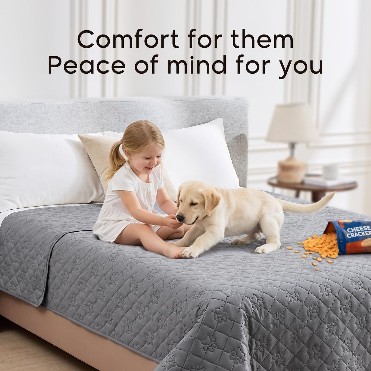 Waterproof 4 Seater Couch Cover for Dogs, Paw Print Quilted Blanket for 4 Cushion Sofa and Bed, Pet Hair Resistant, Skin-Friendly, Scratch Proof, Washable Sofa Seat Protector, 30x90 inch, Grey