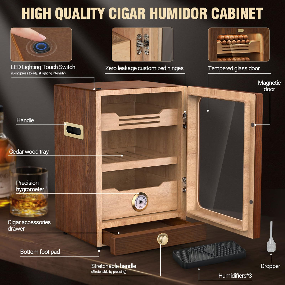 COOL KNIGHT LED Lighted Cigar Humidor Cabinet Can Hold 100-150 Cigars Cabinet Humidor with Spanish Cedar Wood Drawer, Precision Hygrometer,3 Humidifiers, Accessories Drawer,Christmas Father's Day Gift