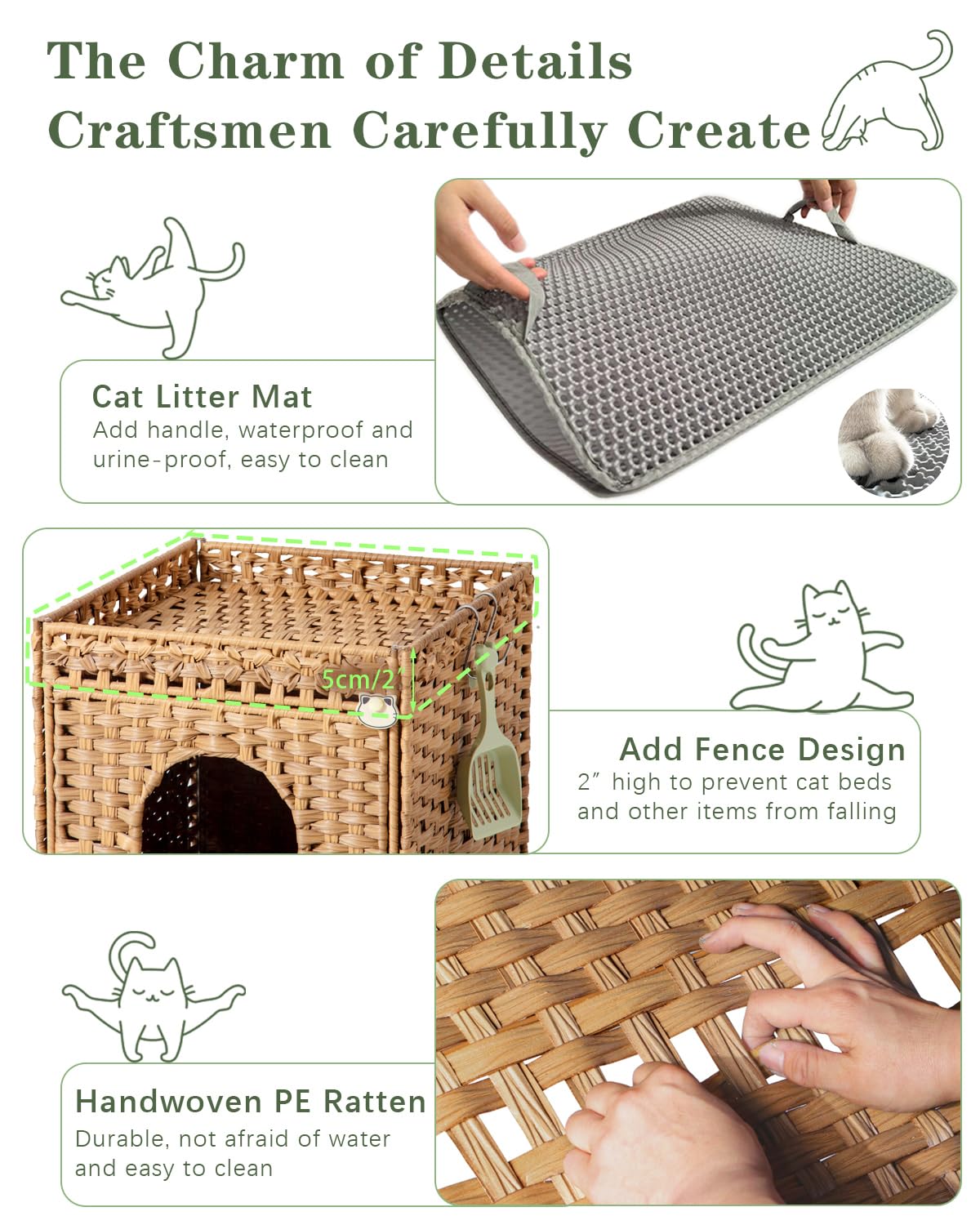 SETVSON Cat Litter Box Enclosure Furniture, Hidden Litter Box with Mat and Fence, Handwoven Rattan Cat House with Two S-Shaped Hooks for Living Room, Bedroom, 18.5 x 20.5 x 19.1 Inches (Natural)