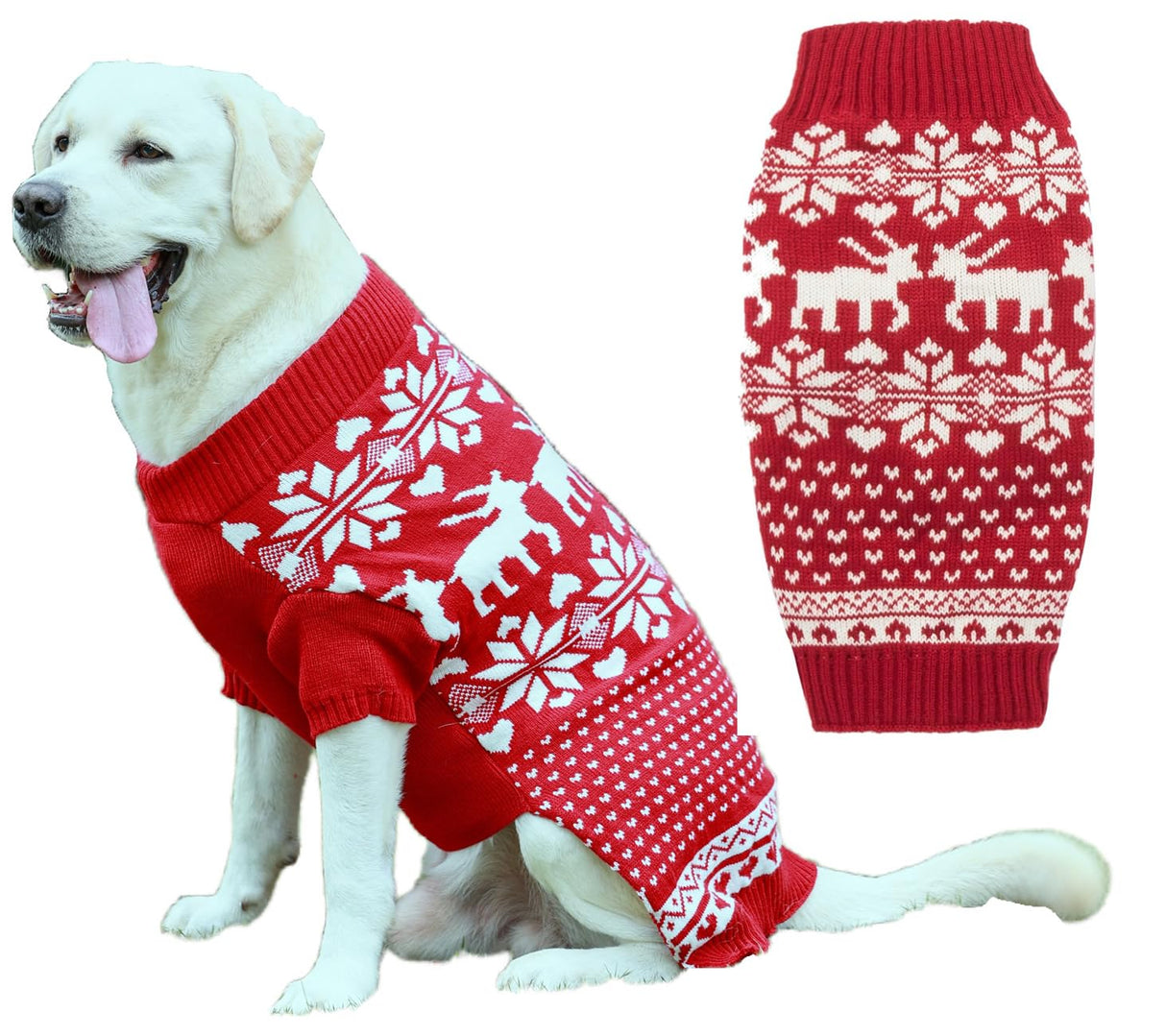 Lanyarco Red Reindeer Large Christmas Dog Sweater, Knit Winter Holiday Festive Pet Dog Christmas Sweaters for Large Breeds Dogs, XXX-Large (3XL) Size 25" Back
