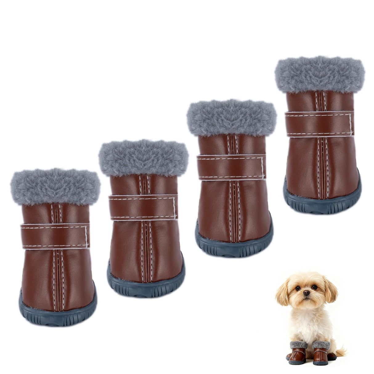 Dog Cowboy Boots for Small Dogs, Dog Shoes and Paw Protectors with Soft Gray Fluffy Lining, Non-Slip Rubber Sole, Adjustable Velcro Strap for Secure Fit, Perfect for Winter Snowy Days