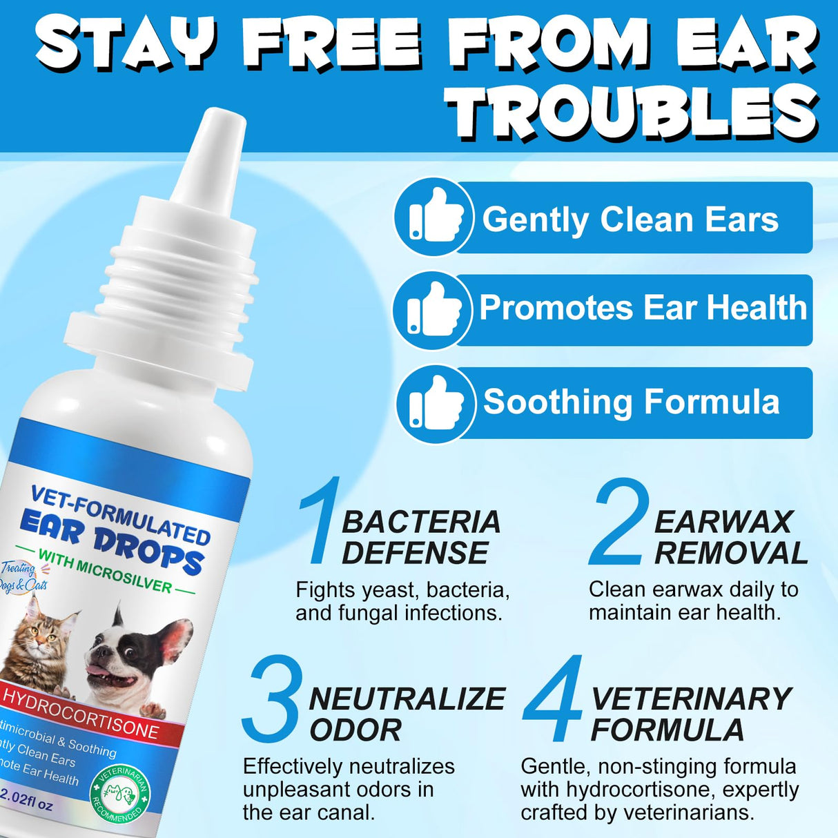 Dog & Cat Ear Infection Treatment Drop with 1% Hydrocortisone for Dog Yeast Ear Infections, Soothes Itchy Ears, Prevents Infections, Safe for Puppies, Adult, Ear Drops for Dogs & Cats 2 fl oz.