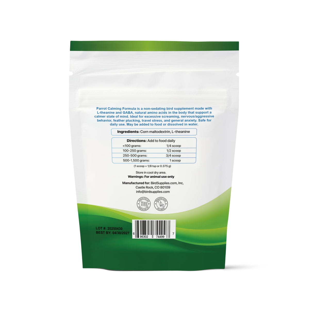 UnRuffledRx™ Calming Formula for Parrots – Bird Supplement That Supports Relaxation During Stressful Events Like Fireworks, Travel, and Visitors – 150 Servings – Made in USA