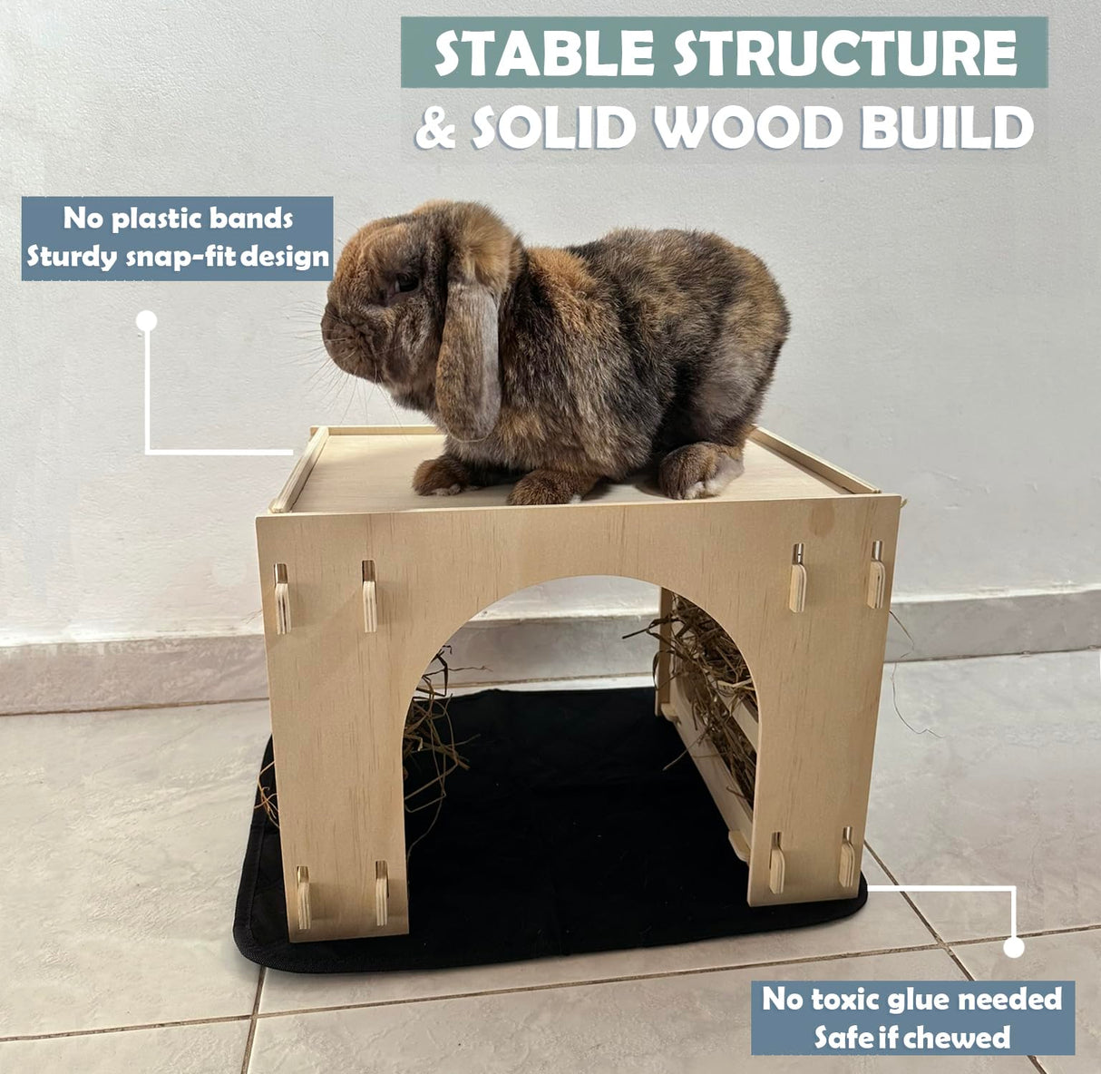 Kiwi&Mora Bunny House Hideout – Rabbit Hideout for Bunnies, Guinea Pigs & Other Pets | Large Indoor Wooden Tunnel Bed with Hay Feeder, Enrichment Toys & Accessories – Easy to Assemble & Clean