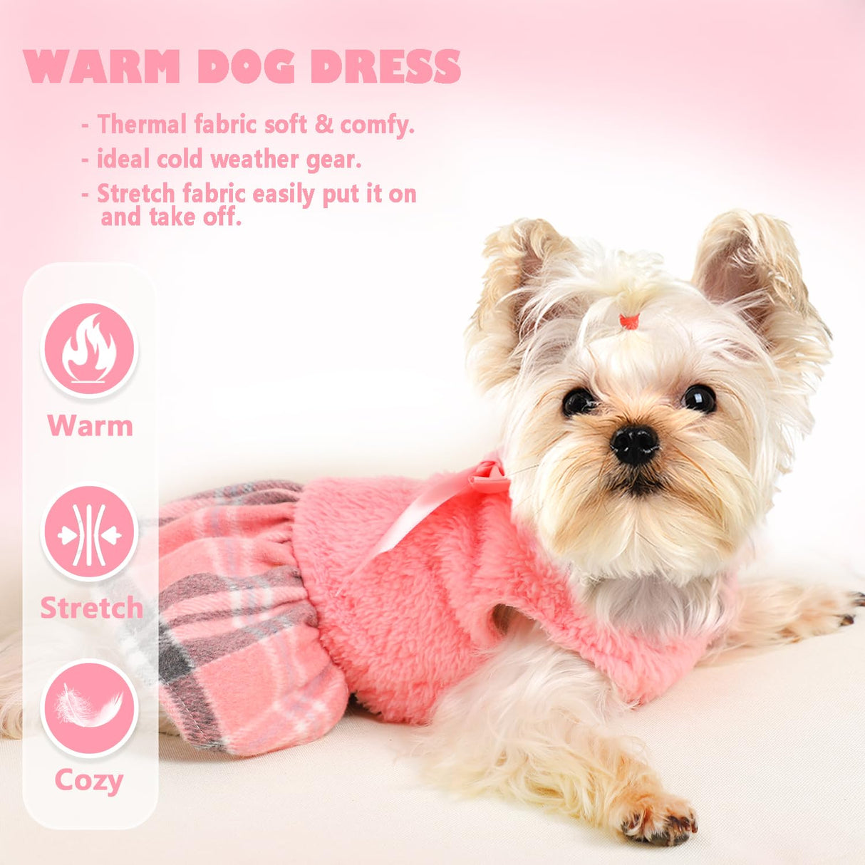 Yikeyo Fuzzy Dog Plaid Sweater Dress, Fall Winter Warm Female Dog Clothes for Small Dogs Girl, Pet Outfit, Cat Apparel (Small, Pink)