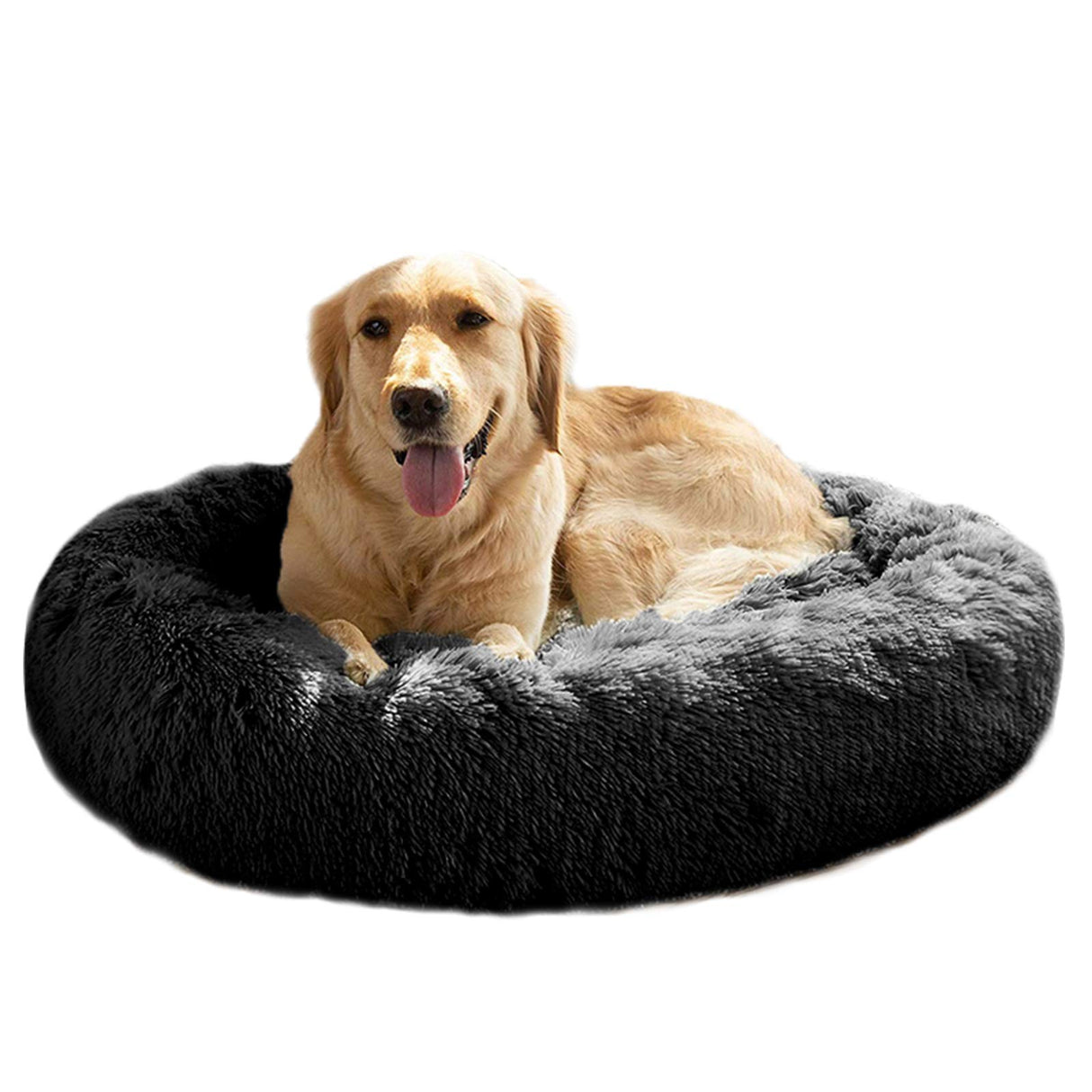 MFOX Calming Dog Bed for Large Dogs - Donut Washable Large Pet Bed, 36 inches Anti-Slip Round Fluffy Plush Faux Fur Dog Bed, Fits up to 75 lbs Pets, Black