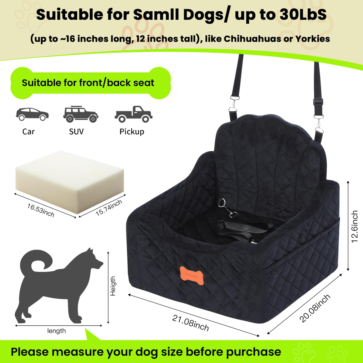 koneboss Dog Car Seat for Small Dogs Under 30lbs, Detachable Washable Pet Booster Seat with Safety Belt & Storage Pockets, Travel Car Bed, Black