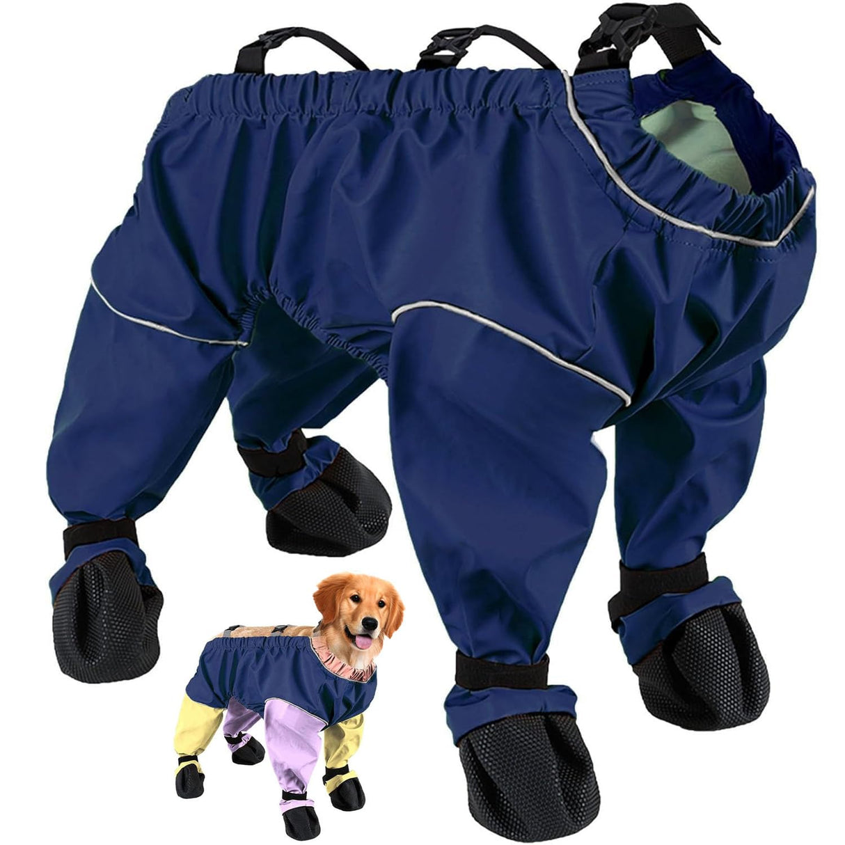 Snow Suit for Dogs with Attached Boots, Full Body Dog Snowsuit with Attached Boots, Dog Rain Suit withBoots, with Suspenders Waterproof DogWinter Snow Coat Jacket Anti-Slip Dirty-Proof (Blue, M)