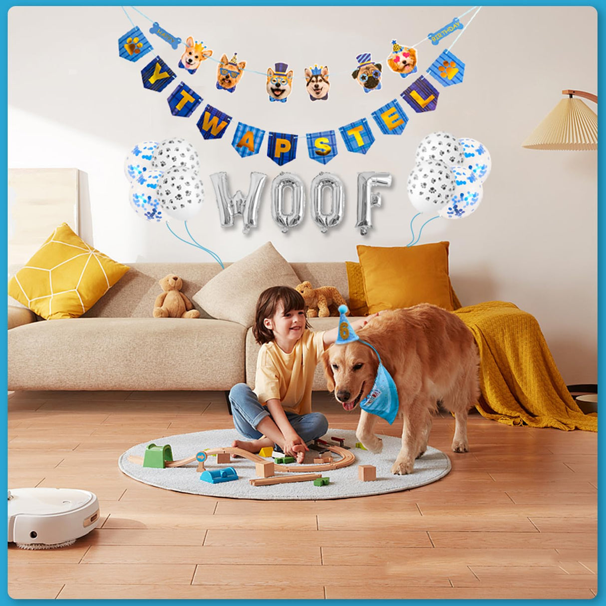Zaabaazina Dog Party Supplies - Blue Dog Bandana, Birthday Hat, Banner, Balloons for PAWTY & WOOF Decorations