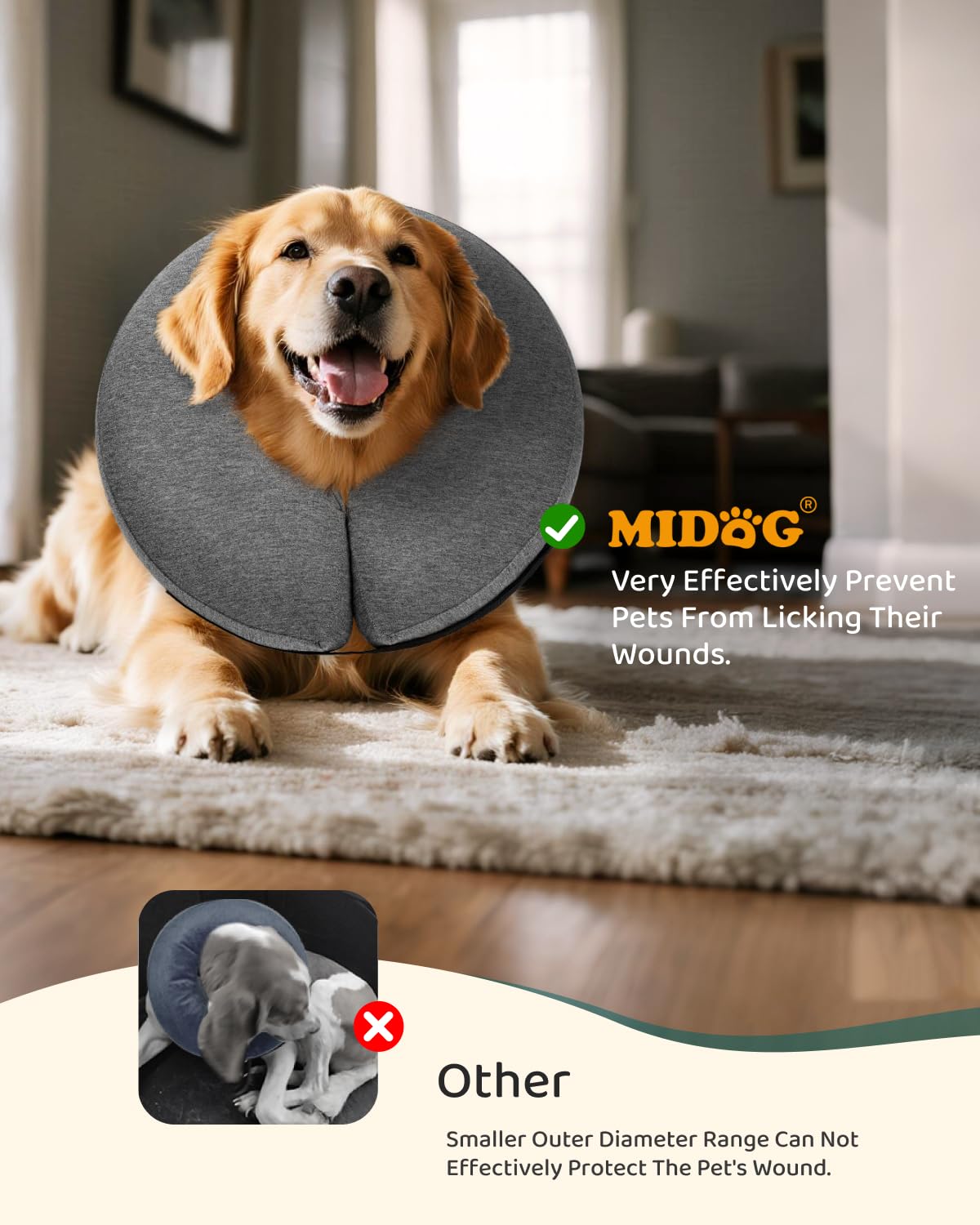 MIDOG Inflatable Dog Cone Collar – Soft Dog Cone Alternative After Surgery, Comfortable Recovery Neck Donut ECollar for Small Medium & Large Dogs and Cats to Stop Licking & Vision-Friendly (Grey,S)