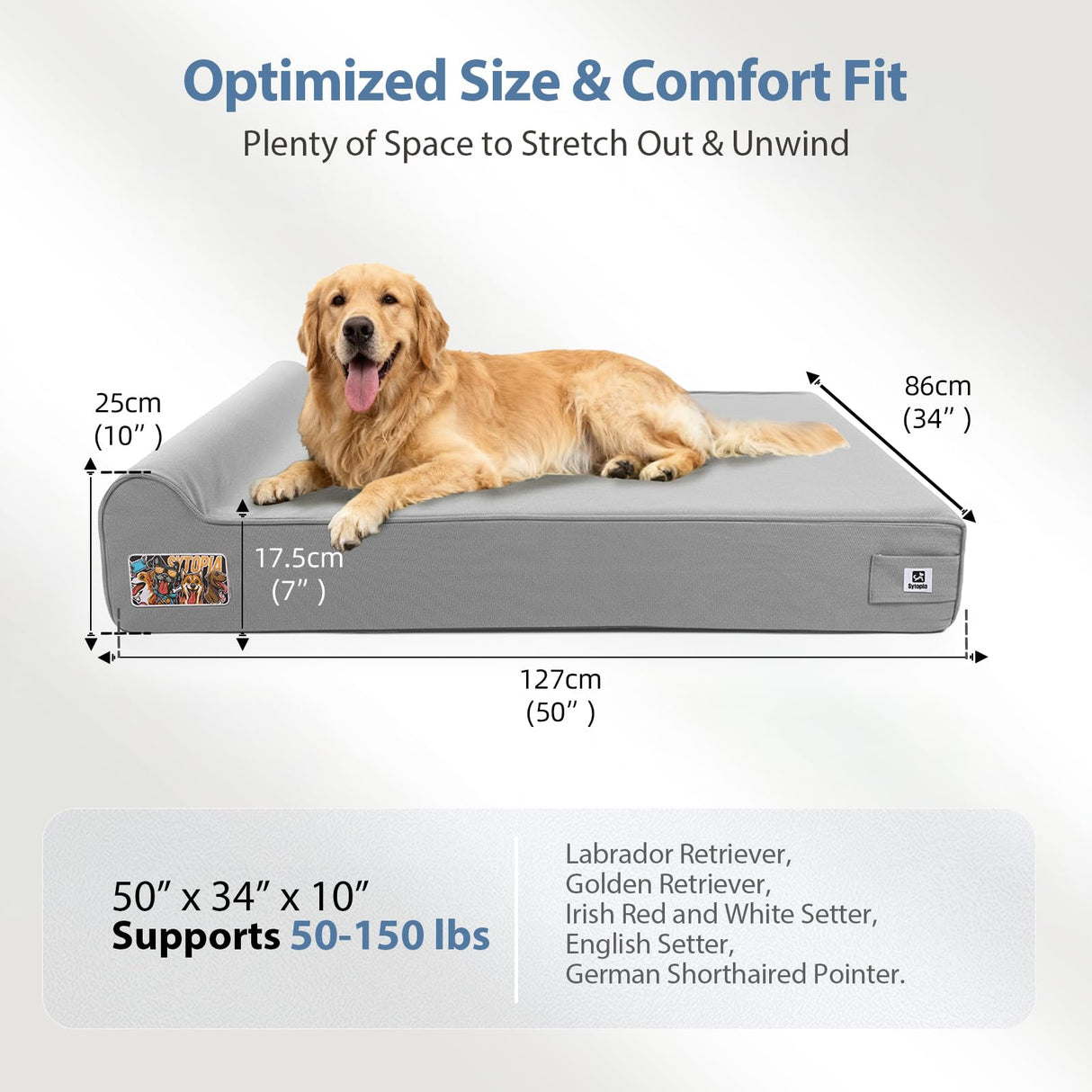 Sytopia 7" Thick Orthopedic Dog Beds for Extra Large Dogs, Canvas Dog Bed with Chew Proof Fabric Cover, Ups to 150 Pounds, 35D Memory Foam Dog Beds with Waterproof Liner & Washable Cover, Light Grey