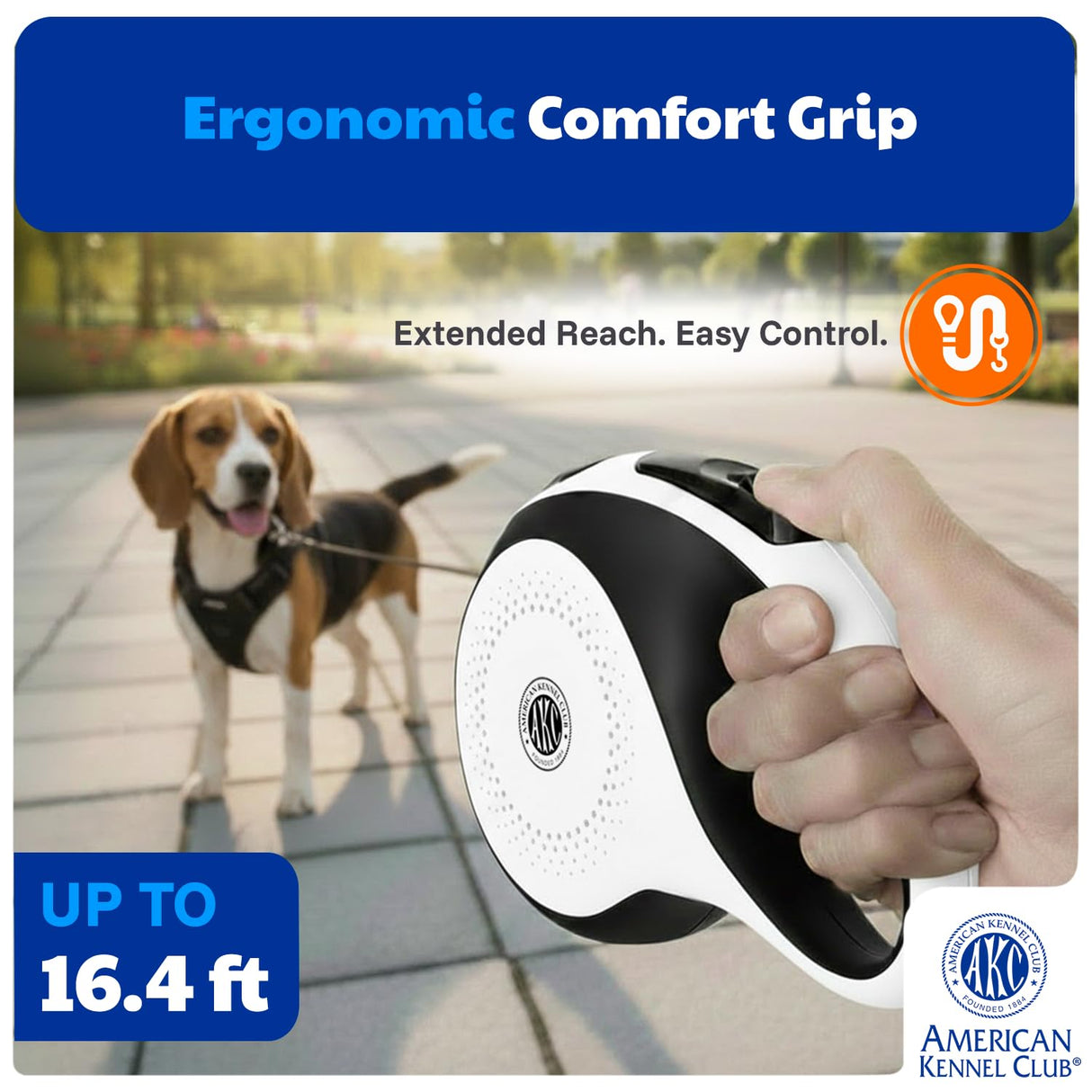 American Kennel Club Retractable Dog Leash, 16.4ft, Tangle-Free, Ergonomic Grip, One-Hand Brake, for Medium & Large Dogs up to 66
