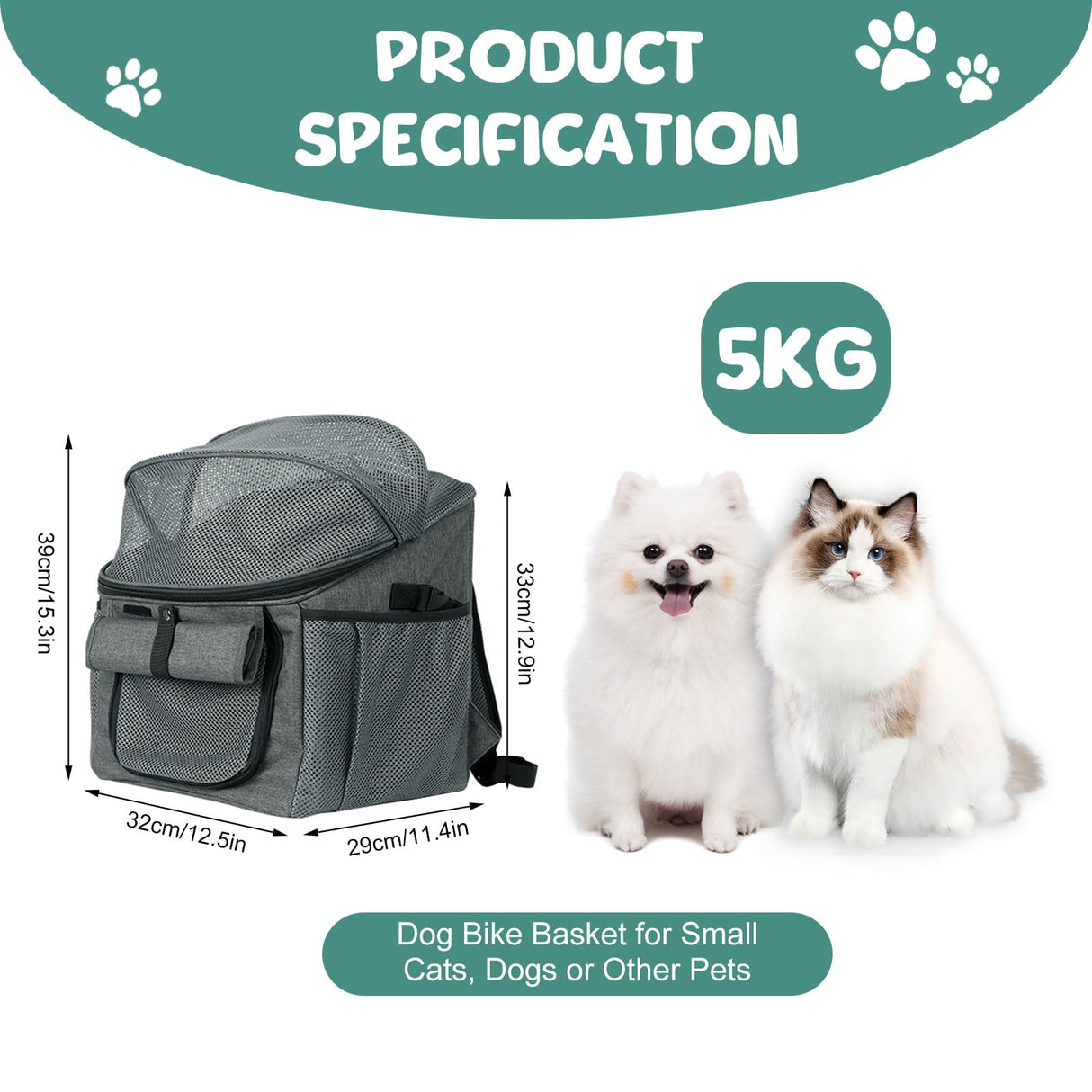 Dog Bike Basket, Soft-Sided Dog Bike Carrier Backpack, Cat Bicycle Basket, Multifunctional Pet Bike Basket Detachable Adjustable Single Shoulder Strap, Foldable Pet Travel Bag for Small Cats and Dogs