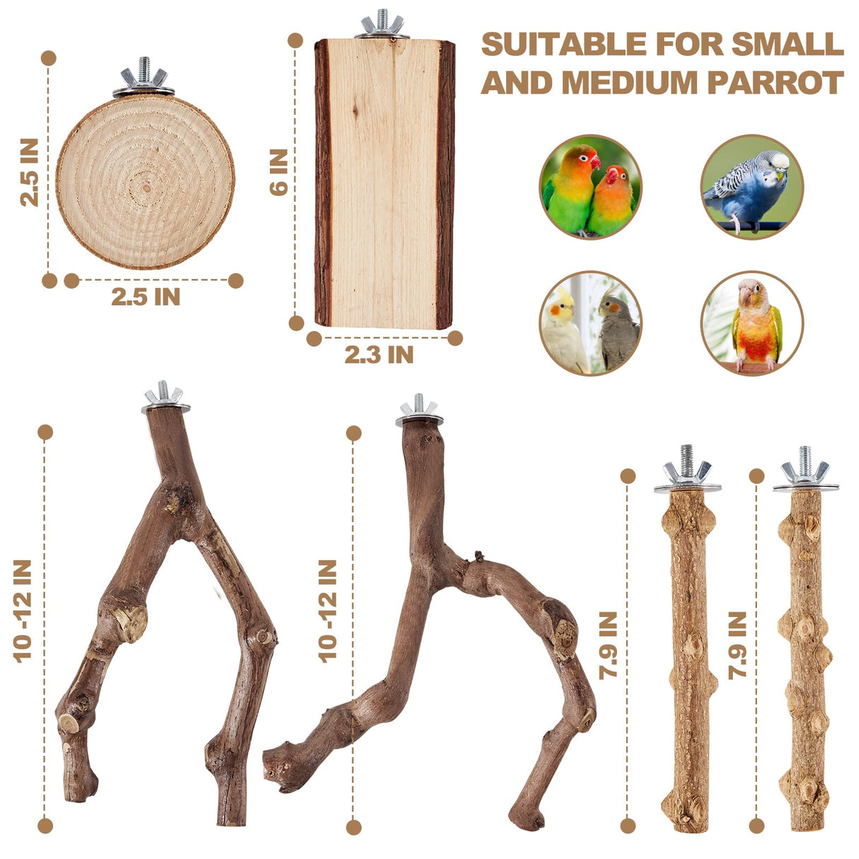 LIMIO 6-Piece Bird Perch Set - Natural Wood Grape Sticks, Paw Grinding Forks, Bird Stand & Toys for Parakeets, Cockatiels, Conure, Budgies