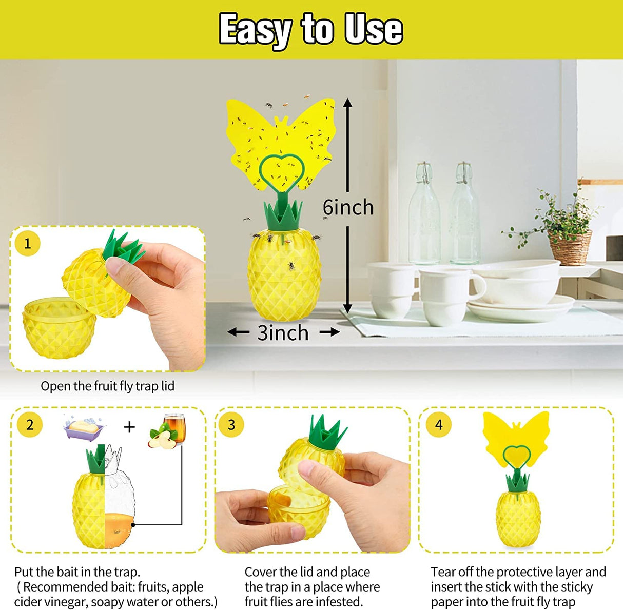 Fruit Fly Trap with Sticker, Effective Fly Catcher Gnat Trap with Yellow Sticky Pads, Gnat Traps for House Indoor with Bait, Safe Non-Toxic Fruit Fly Killer for Home, Plant, Kitchen (2 Pack)