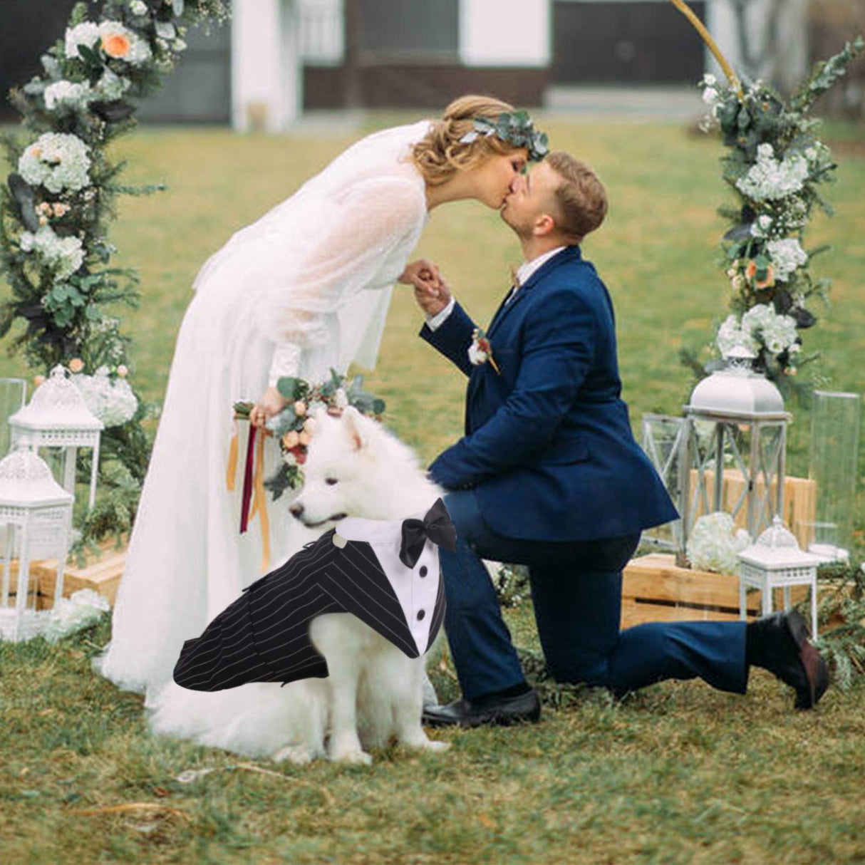 IDOMIK Dog Tuxedo for Small Medium Large Doggie, Detachable Dog Formal Wedding Suit with Tuxedo Vest & Bow Ties Collar & Bandana Scarf Set, Wedding Attire Shirt for Birthday Party Costume