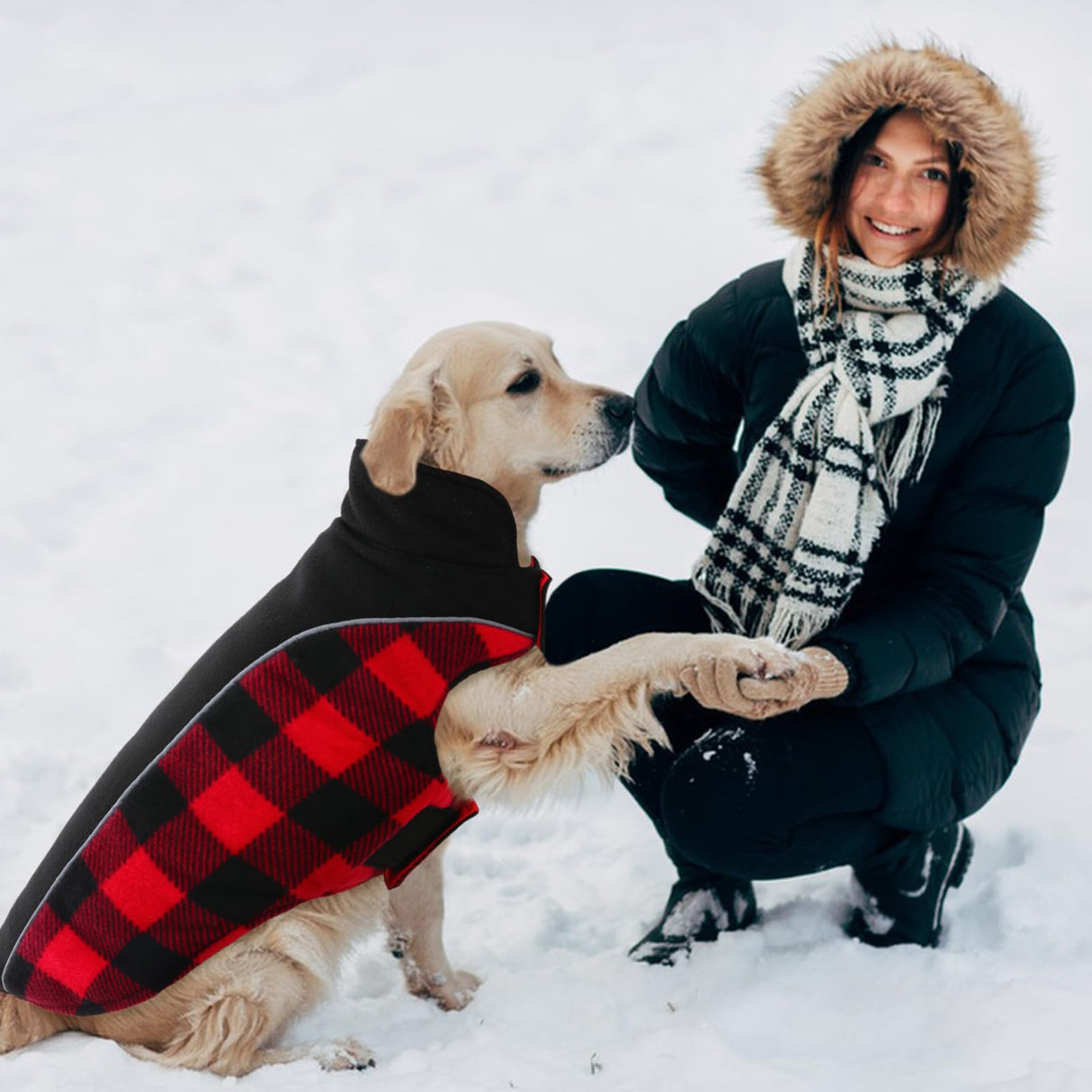 Kuoser Dog Winter Coat, Reversible Waterproof Dog Jacket with Reflective Strip, Warm Dogs Fleece Vest Adjustable Doggy Cold Weather Clothes Plaid Christmas Outfit Pet Apparel for Large Dogs, Red L