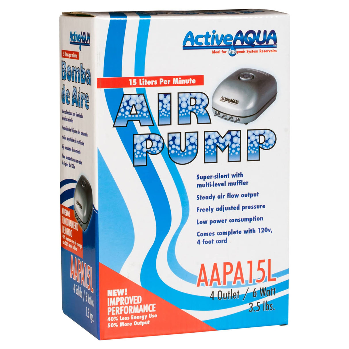 AAPA15L Active Aqua, 4 Outlets, 6W, 15 L/min Air Pump, Silver,Grey