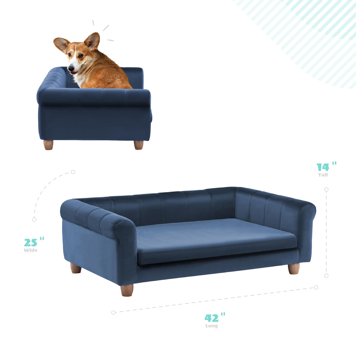 CRITTER SITTERS 42-in. Elegant Navy Faux-Velvet Rectangular Dog Sofa for Medium and Large Dogs, Elevated Plush Dog Couch