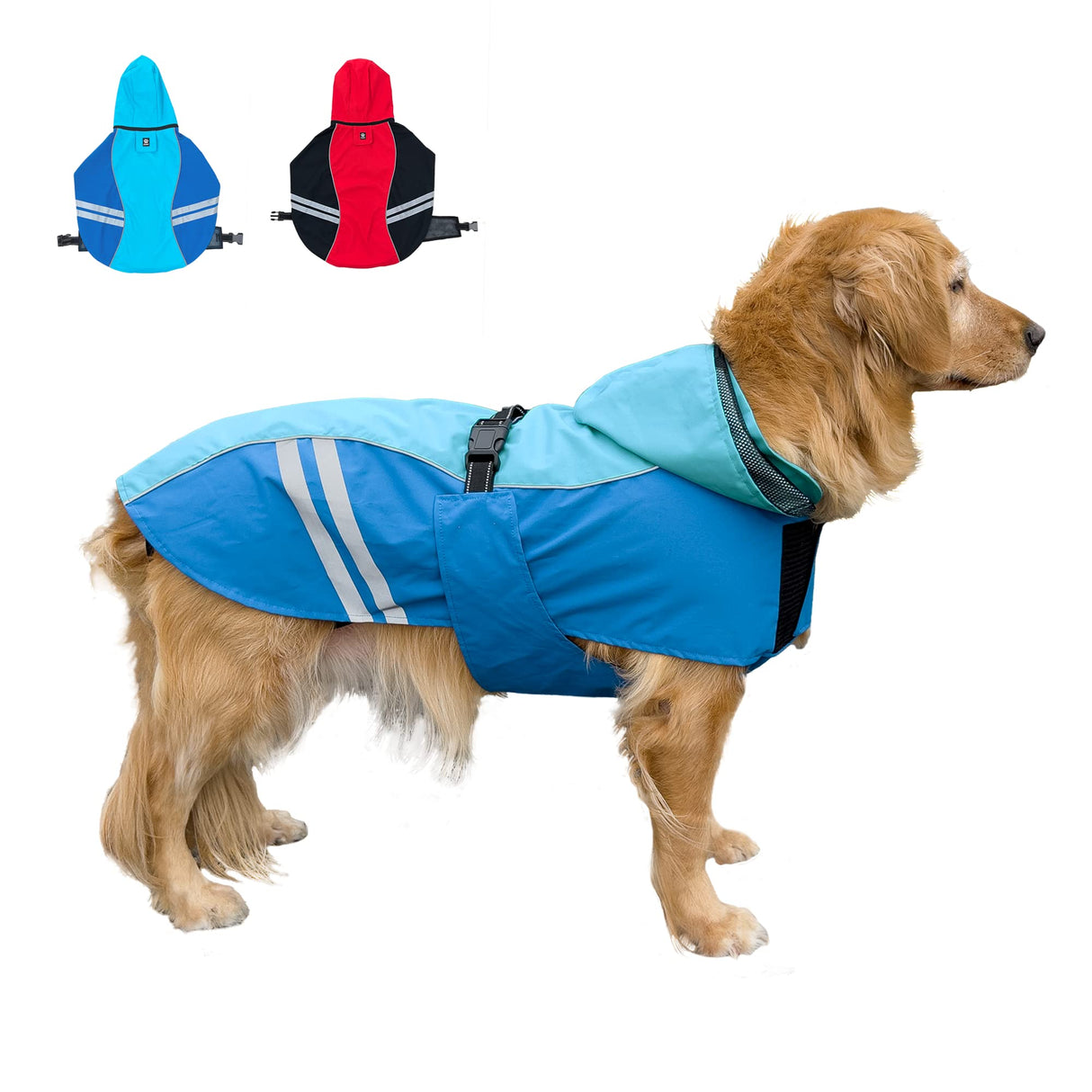 Cosibell Dog Raincoat for Medium Large Extra Large Dogs, Waterproof Rain Jacket with Reflective Strap, Lightweight Hoodies Full-Body Coverage Dry Clothes (L, Blue)