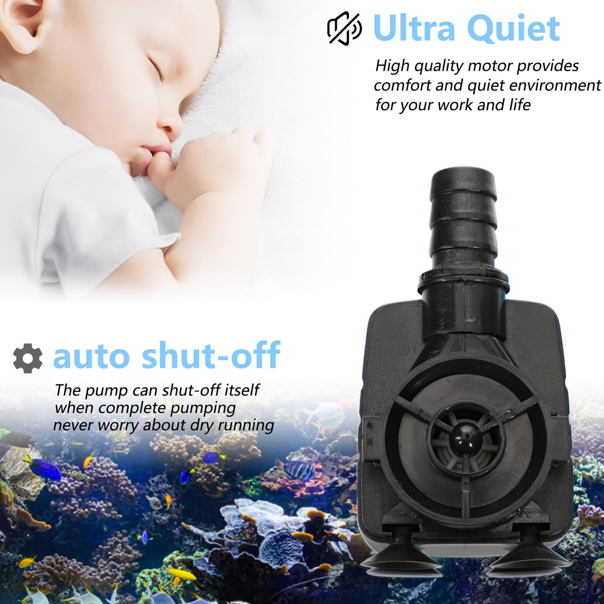 alizzy 400GPH 25W Submersible Water Pump, Auto Shut-off Water Fountain Pump with 6.5ft. High Lift and 4.92 ft Tubing for Fountain, Aquarium, Hydroponic, Pond, Fish Tank, Pet Fountain, Water Feature