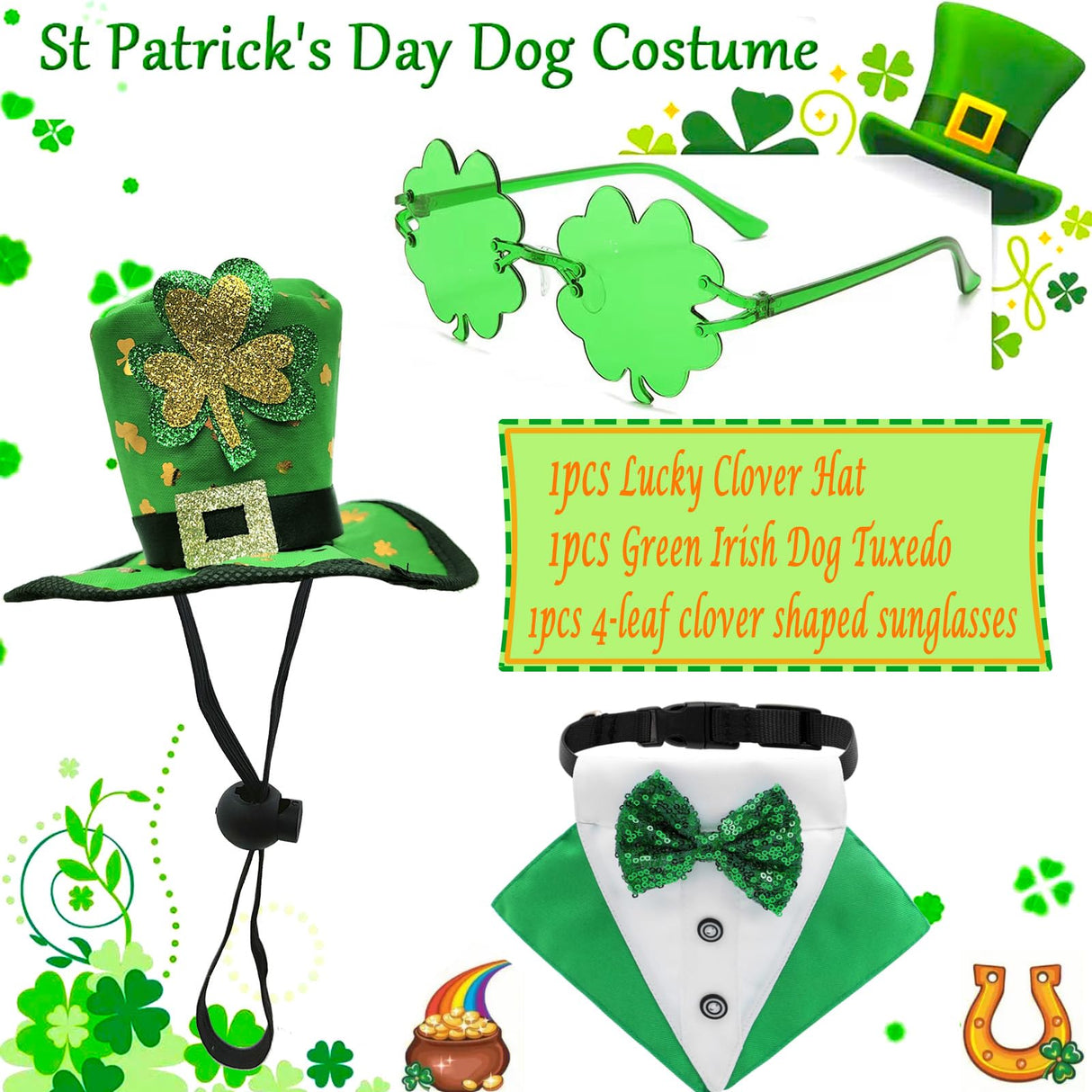3PCS St. Patrick's Day Pet Costume Dog Top Hat Irish Tuxedo Bandana Green Collar Scarf Shamrock Sunglasses Kit Leprechaun Outfits for Medium Large Dogs Irish Party Lucky Dress Up Accessories