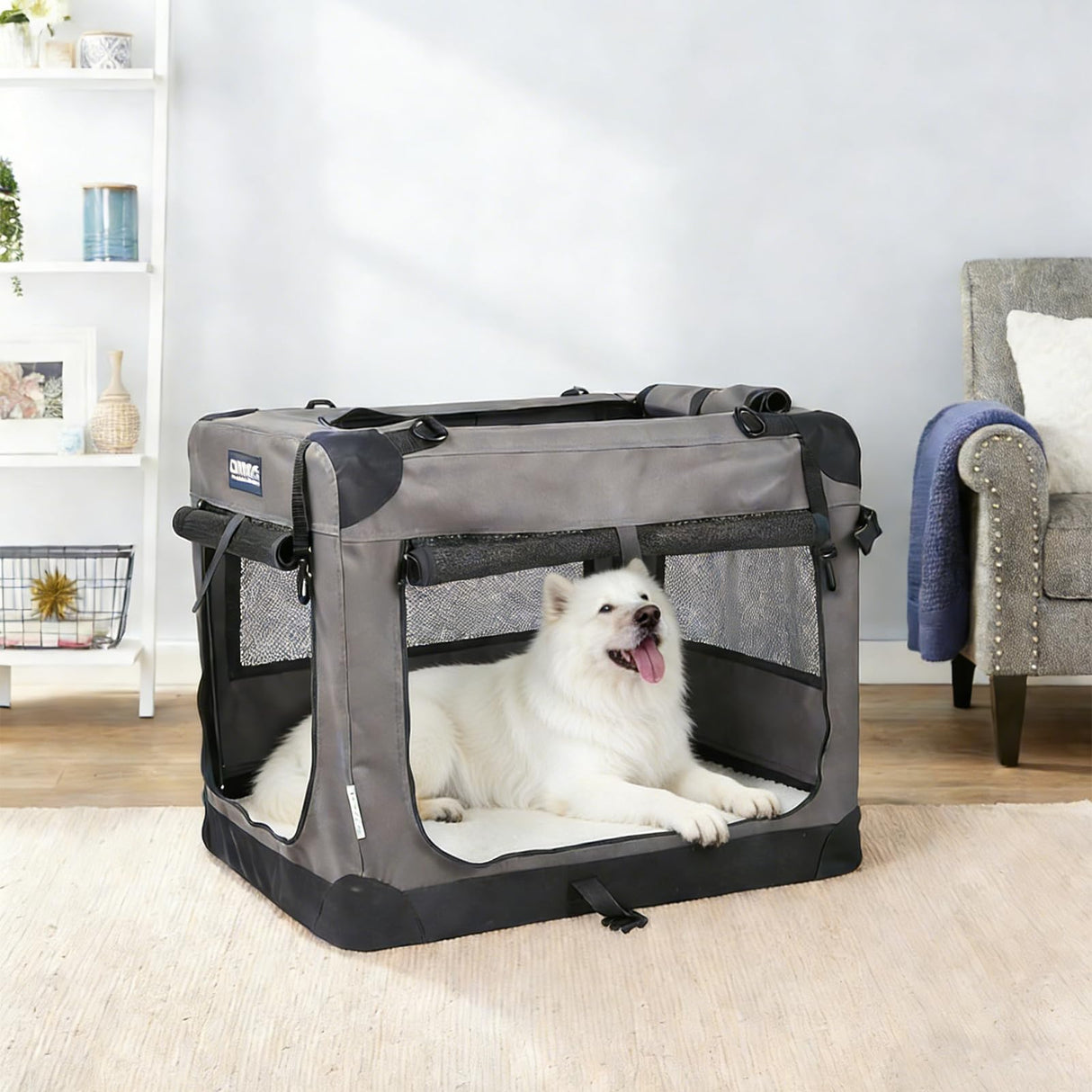 JESPET Soft Dog Crates Kennel, 3 Door Soft Sided Folding Travel Pet Carrier with Straps and Fleece Mat for Dogs, Cats (Dark Grey, X-Large(36" L x 24" W x 27" H))