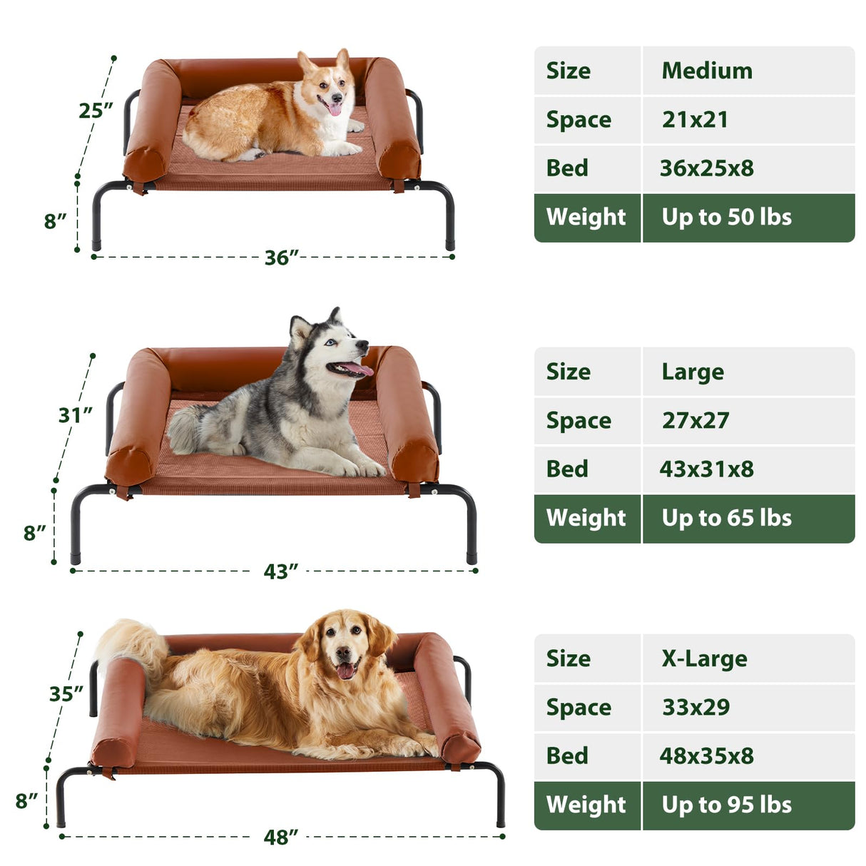 Cooling Elevated Dog Bed for Large Dogs – Waterproof Raised Dog Cot with Slope Headrest, Breathable Teslin Mesh, Durable & Portable Pet Bed for Indoor and Outdoor Use, Caramel