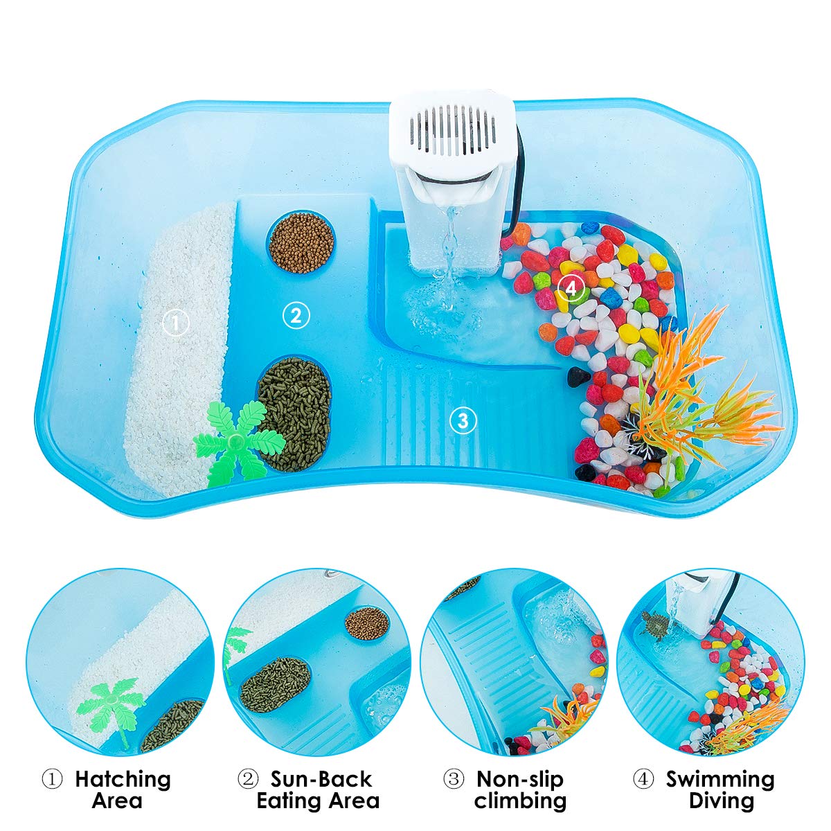 Turtle Tank with Multi-Function Areas, Easy Assembly, Ideal for Small Turtles & Reptiles, Includes Plastic Tree & Fishing Net