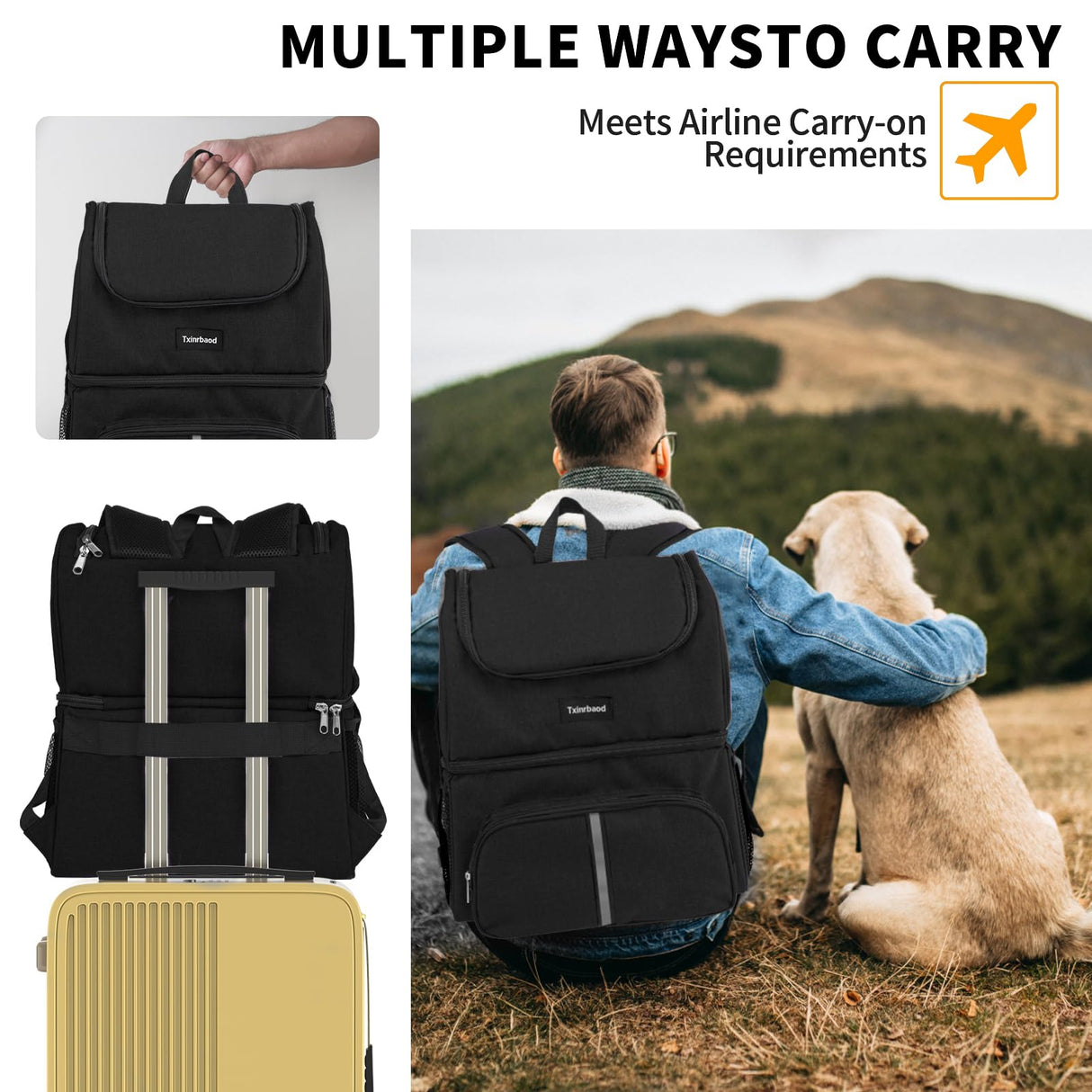 Txinrbaod Dog Travel Bag for Supplies with Food Container Bag Dog Travel Backpack for Hiking Overnight Camping Trip Black