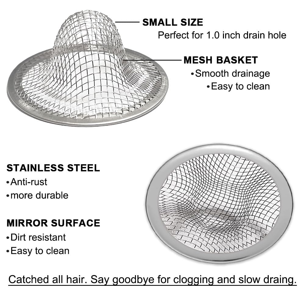 1.0" Small Drain Strainer, Sink Drain Hair Catcher, Bathroom Sink Drain Strainer, 2PCS Drain Mesh Baskets for Laundry, Mop Pool, Utility, Slop, RV Sink, Stainless Steel Drain Filter