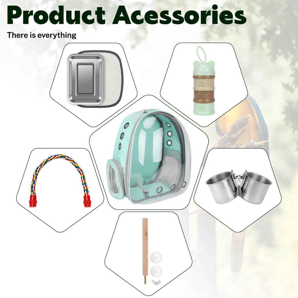 Rypet Bird Carrier Backpack Parrot Portable Breathable Bag Pet Bird Lightweight Travel Cage with Standing Perch and Stainless Steel Tray(Mint Green)
