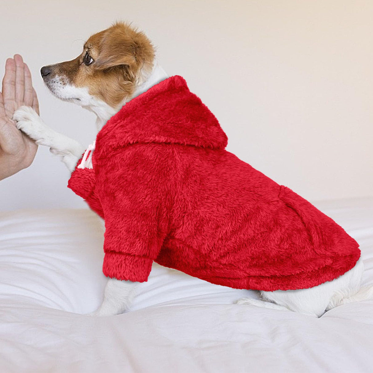 Dog Sweaters,Dog Hoodie,Warm Fuzzy Fleece Sweatshirt with Hood & Pocket,Leash Hole,Cozy Cold Weather Pet Clothes Sweater for Small,Medium,and Large Dogs(Red,M)