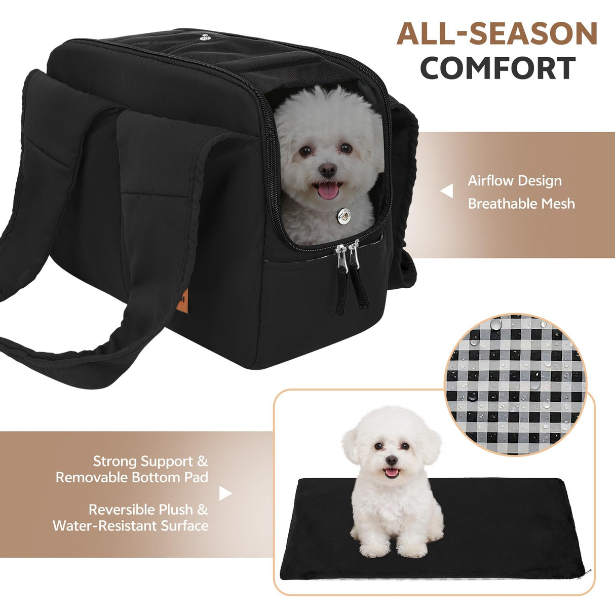 Dog Purse Carrier for Small Dogs and Cats, Soft-Sided Pet Tote Bag with 6 Large Pockets, Collapsible Travel Puppy Carrier, Fits Pets up to 16 lbs (Black, 17.5" L x 8" W x 12" H)