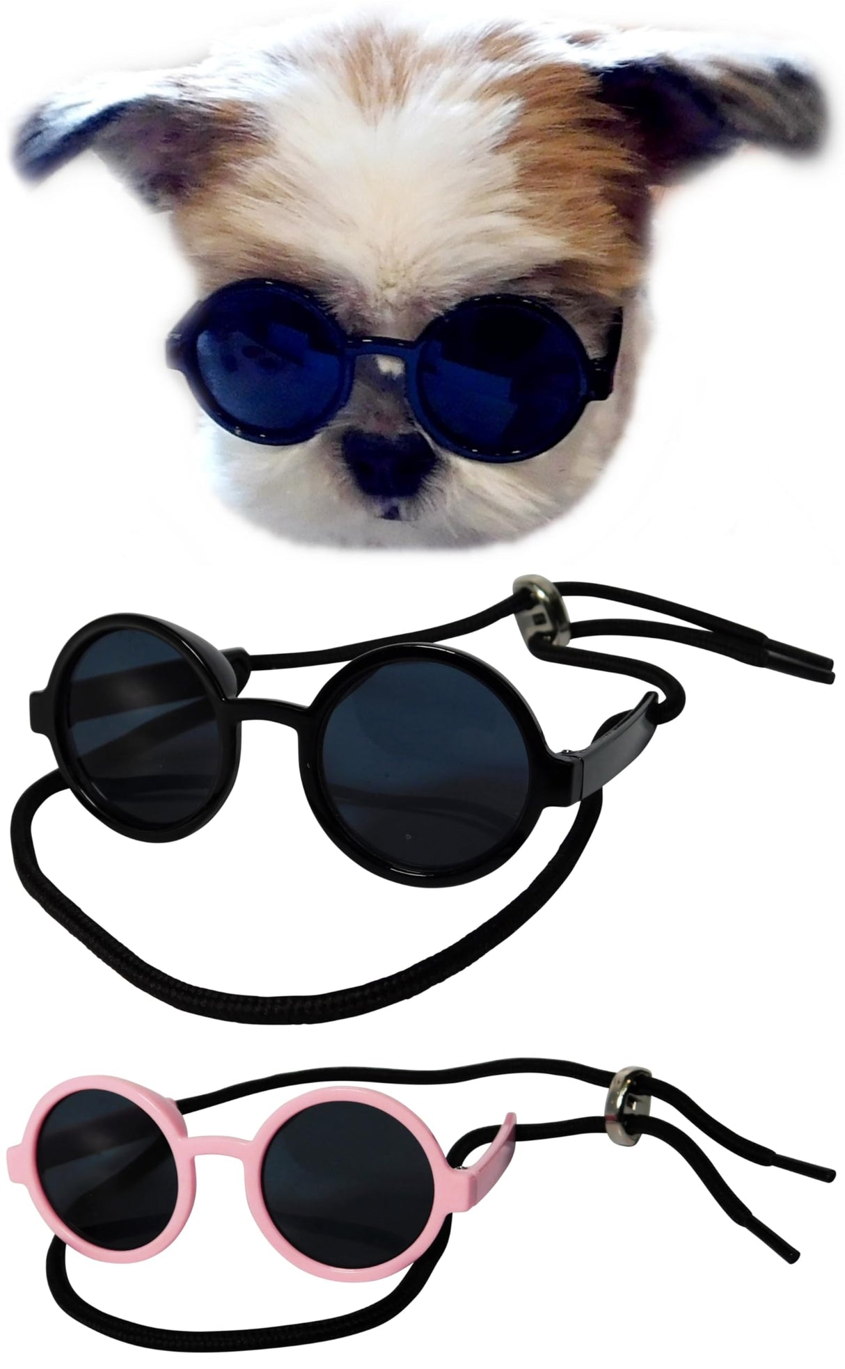 G016 Dog Cat Pet Round Sunglasses Goggles for Small Breed Dogs up to 15lbs (2-Pack Black + Pink)