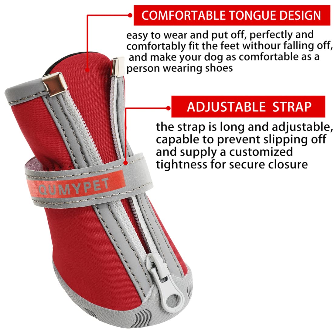 QUMY Dog Shoes for Small Dog, Puppy Dog Boots & Paw Protectors for Winter, Summer Hot Pavement, Waterproof in Rainy Weather, Ourdoor Walking, Indoor Hardfloors Skid-Resistant Soles Red Size 4